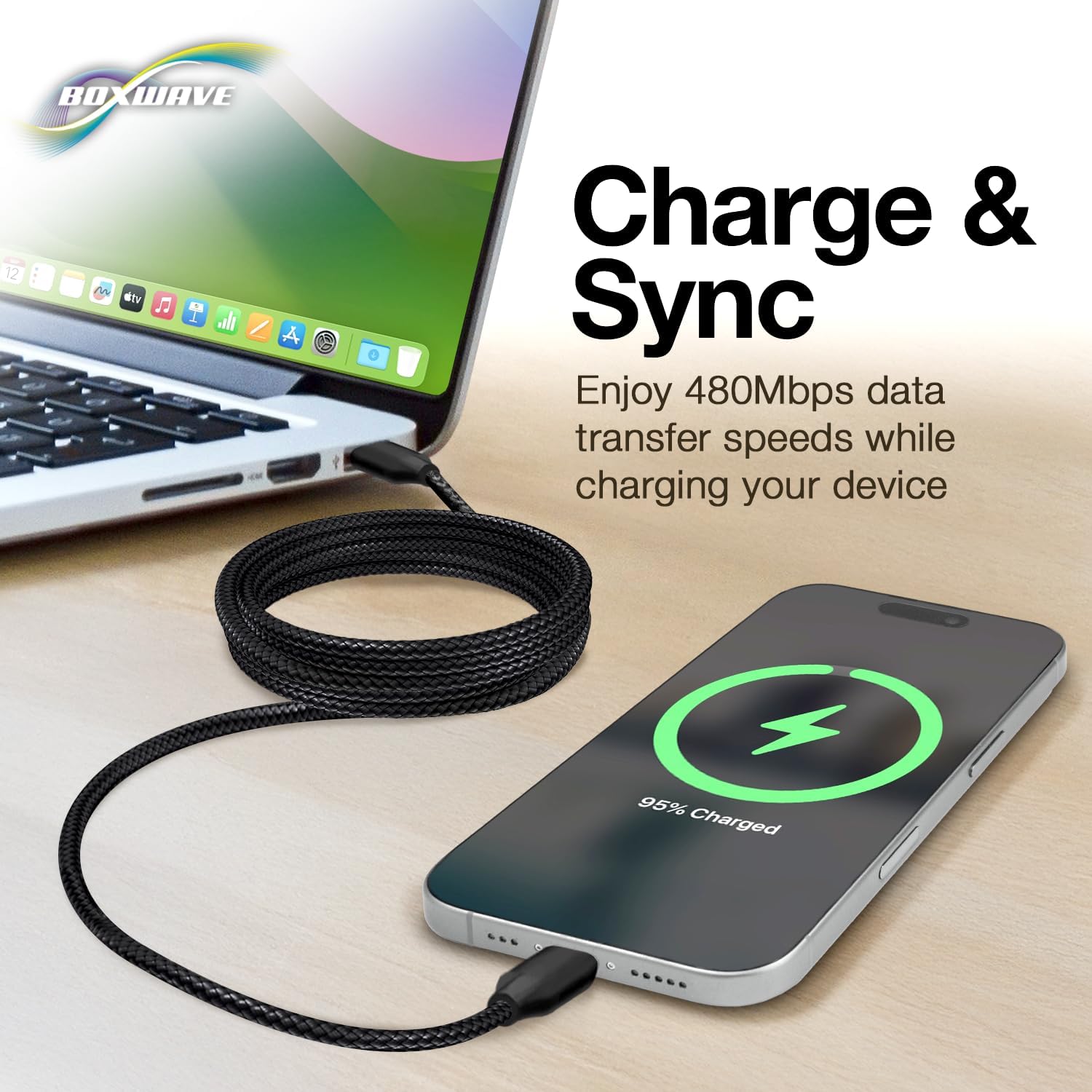 BoxWave Cable Compatible with Jumper J1 Convertible Laptop (16 in) - DirectSync PD Cable (10ft) - USB-C to USB-C (100W), Long Type C Braided Nylon Alloy Fast Charge - Jet Black - Image 6