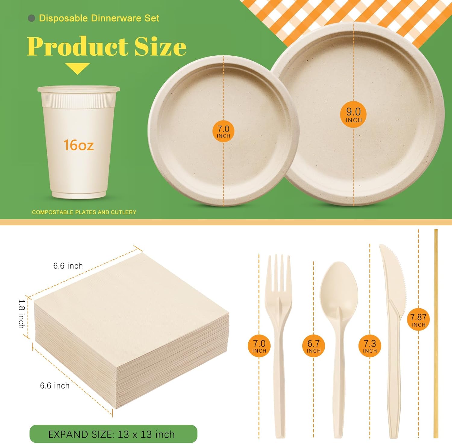 Gezond 400pcs Compostable Paper Plates Set Eco-friendly Heavy-duty Disposable Paper Plates Cutlery Includes Biodegradable Plate, Forks, Knives, Spoons, Cups and Straws for Wedding Party - Image 3