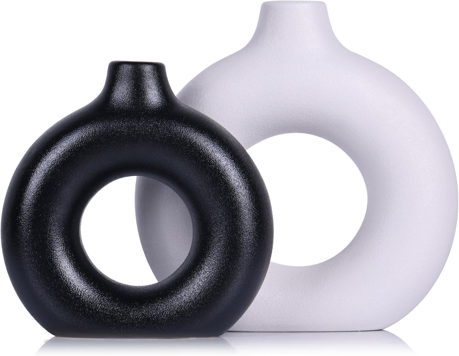 Black and White Ceramic Vase Set of 2, Matte Round Hollow Donut Flower Vases, Modern Boho Pampas Grass Decorative Vase, Ideal for Wedding, Living Room, Office, Entrance, Dining Table Decoration Vase - Image 2