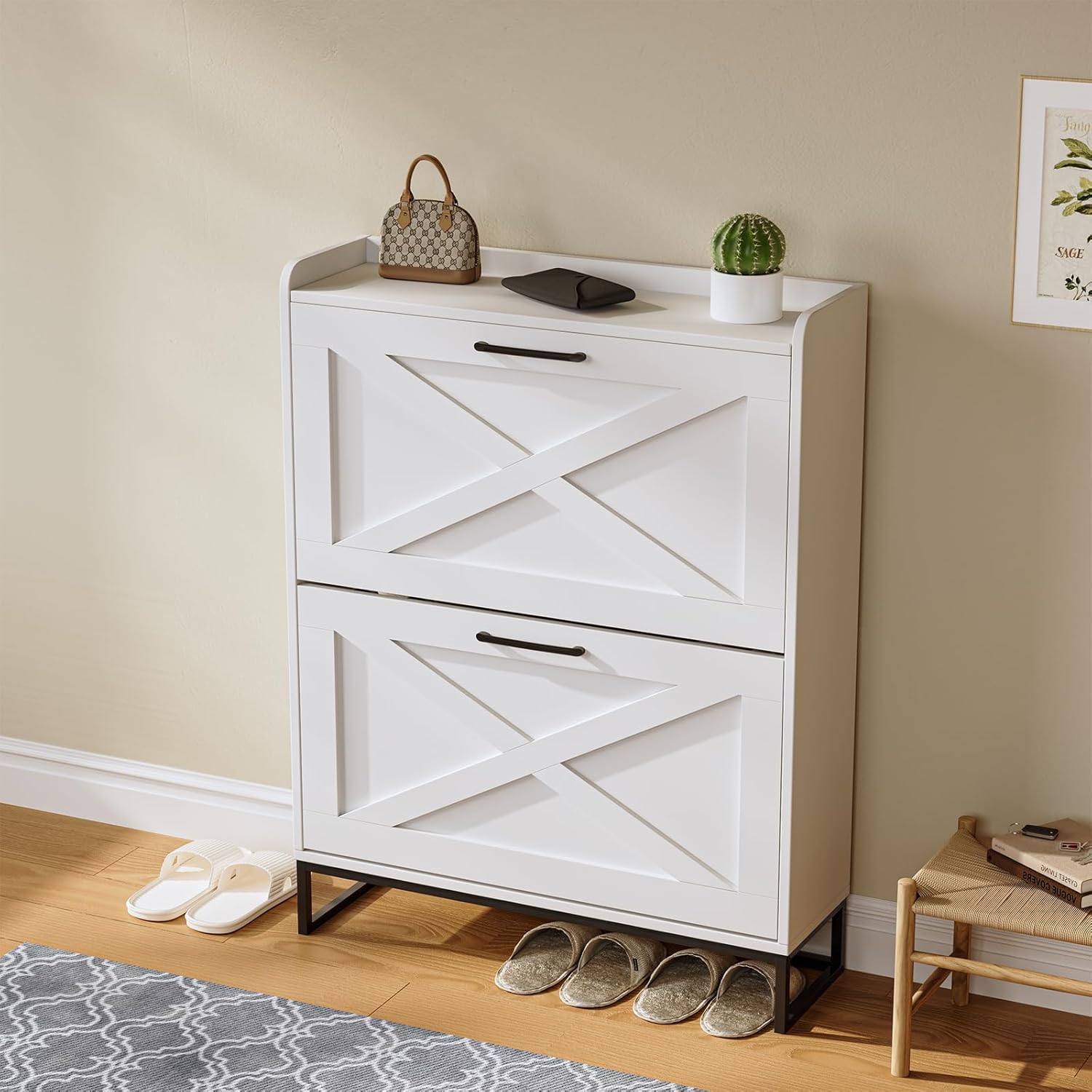 Shoe Cabinet with 2 Flip Drawers,Narrow Storage Cabinet&Fluted Shoe Cabinet,Shoe Organizer & Shoe Rack for Entryway,Farmhouse Slim Shoe Storage Cabinet for Entryway, White - Image 5