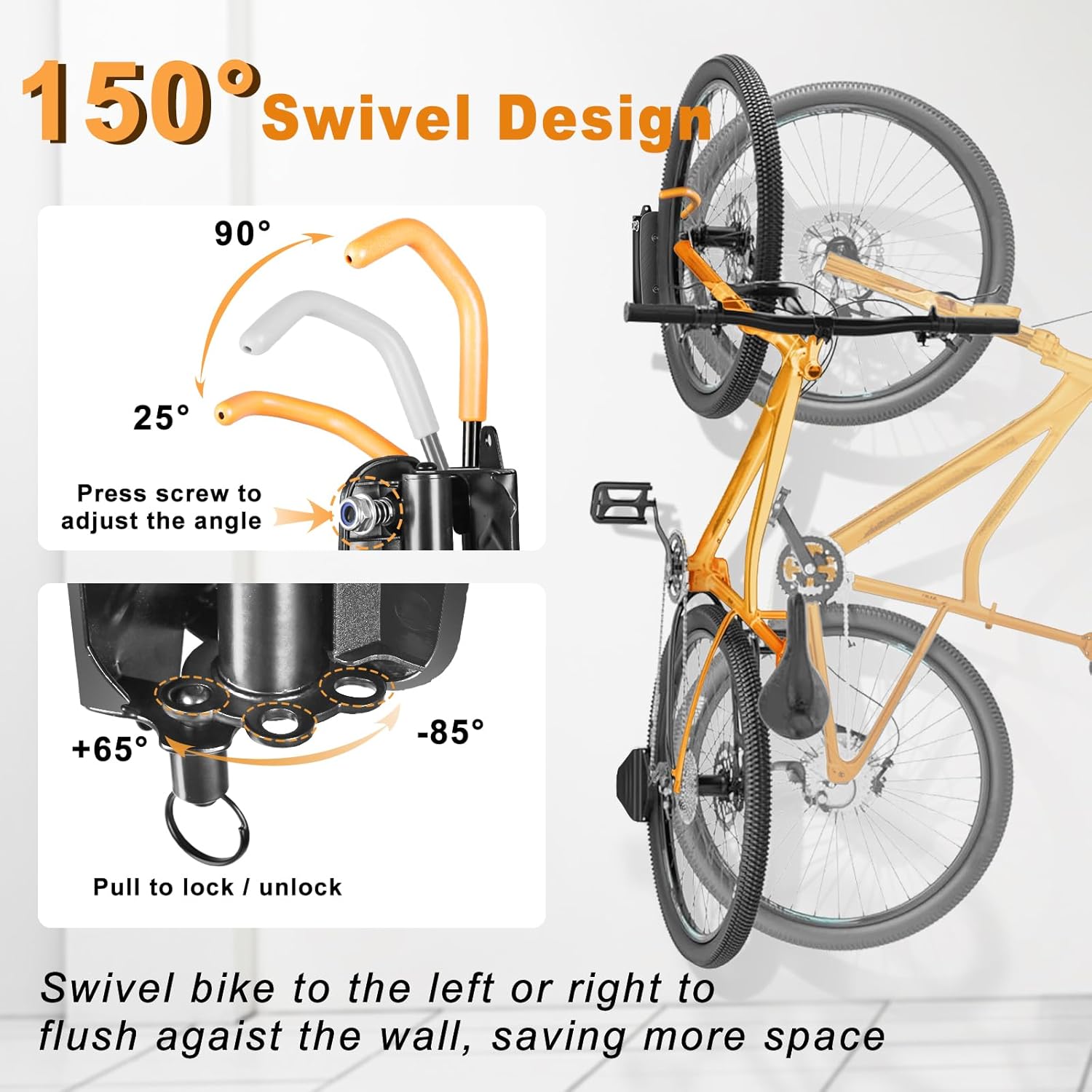 Swivel Bike Wall Mount, Garage Bike Rack Wall Mount, Bike Rack for Garage, Heavy-duty Bike Wall Mount Swivel Bike Rack for MTB, Road, eBike, Holds Up to 66 Lbs, 1 Pack - Image 5