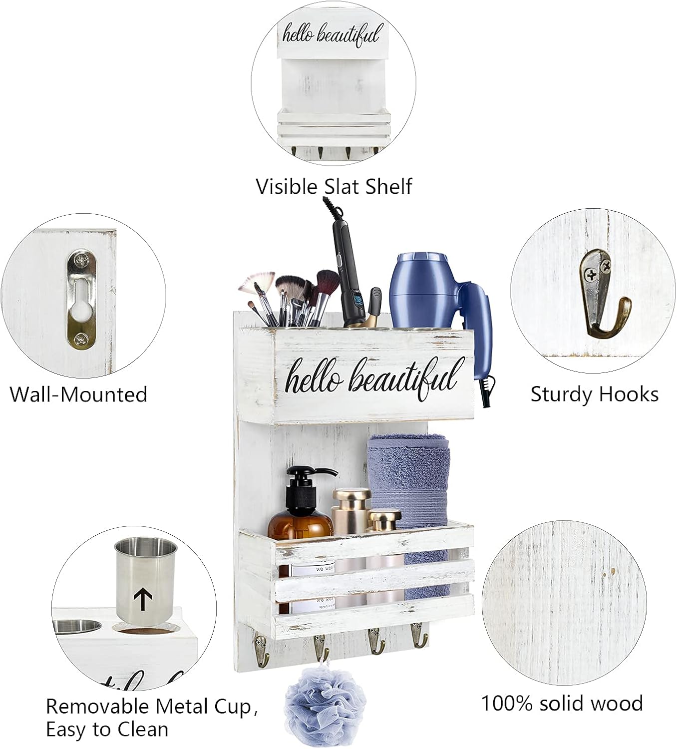 Rustic Hair Tool Organizer Wall Mount, 2 Layer Hair Dryer Holder Wall Mounted, Bathroom Hair Care and Styling Tool Organizer for Wall, Hair Accessories Organizer with Shelf for Makeup, Toiletries - Image 7