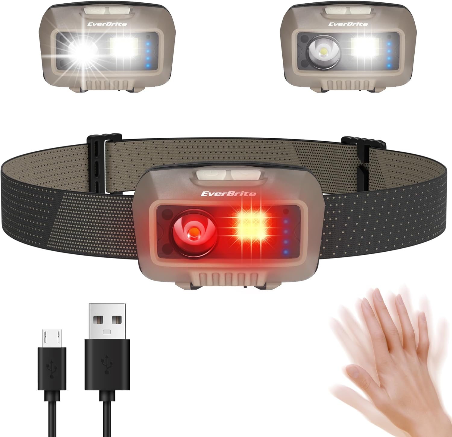 EverBrite Rechargeable Headlamp, LED Bright Motion Sensor Head Lamp Flashlight with 9 Modes, Adjustable Headlight for Adults Kids with White Red Light, Waterproof, Khaki, for Hiking, Running, Camping - Image 2