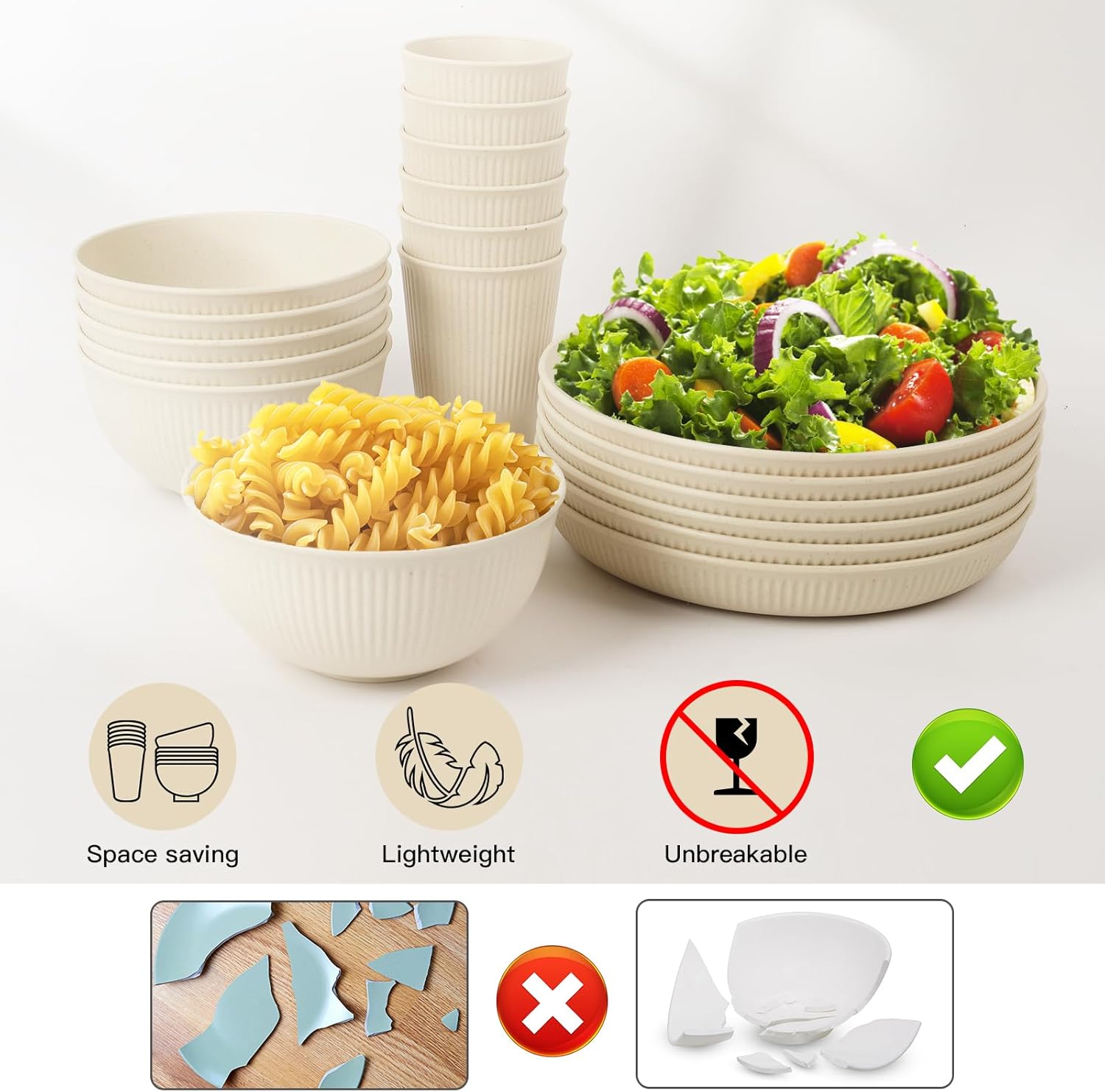 18PCS Wheat Straw Dinnerware Sets Unbreakable Dinnerware Sets Reusable Cups Plates and Bowls Sets Microwave Dinnerware Set for Kitchen Travel Camping - Image 6