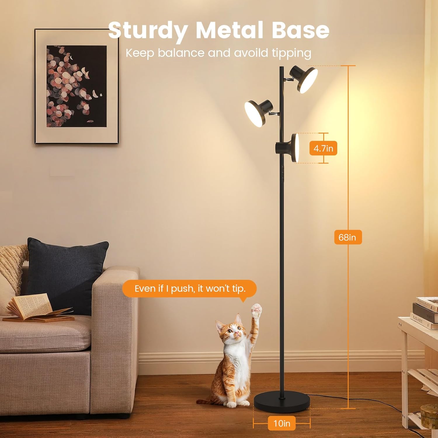 36W LED Tree Floor Lamp, Modern Dimmable Standing Lamp with Remote & Touch Control, 4 Color Temperatures, 3 Rotatable LED Light Floor Lamps for Living Room, Bedroom, Office - Image 6