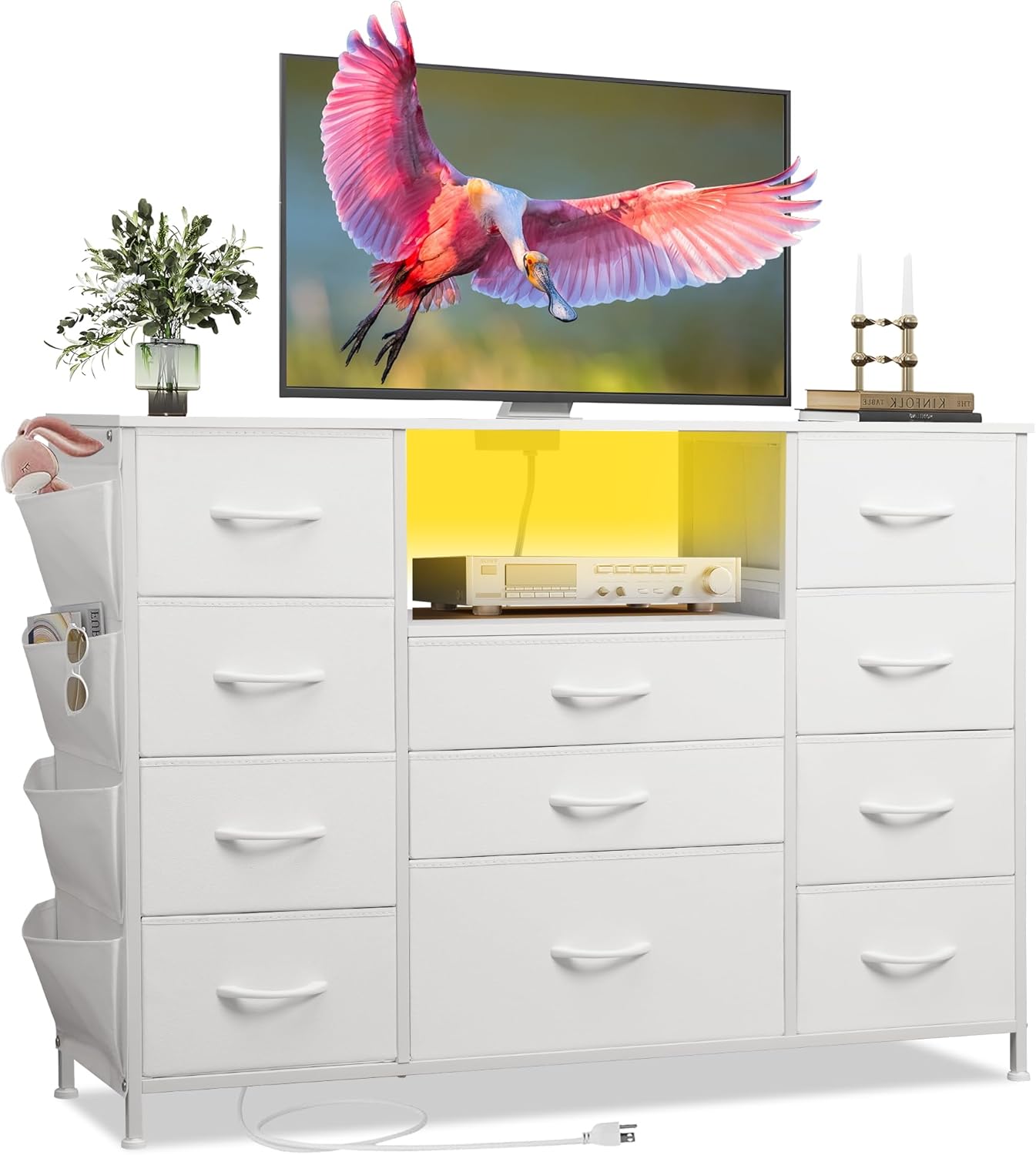 TV Stand Dresser with 11 Drawers, TV Stand with Power Outlets and Side Pockets, Fabric Bedroom Dresser for 55'' Long TV, Chest of Drawers for Living Room Bedroom, White - Image 2