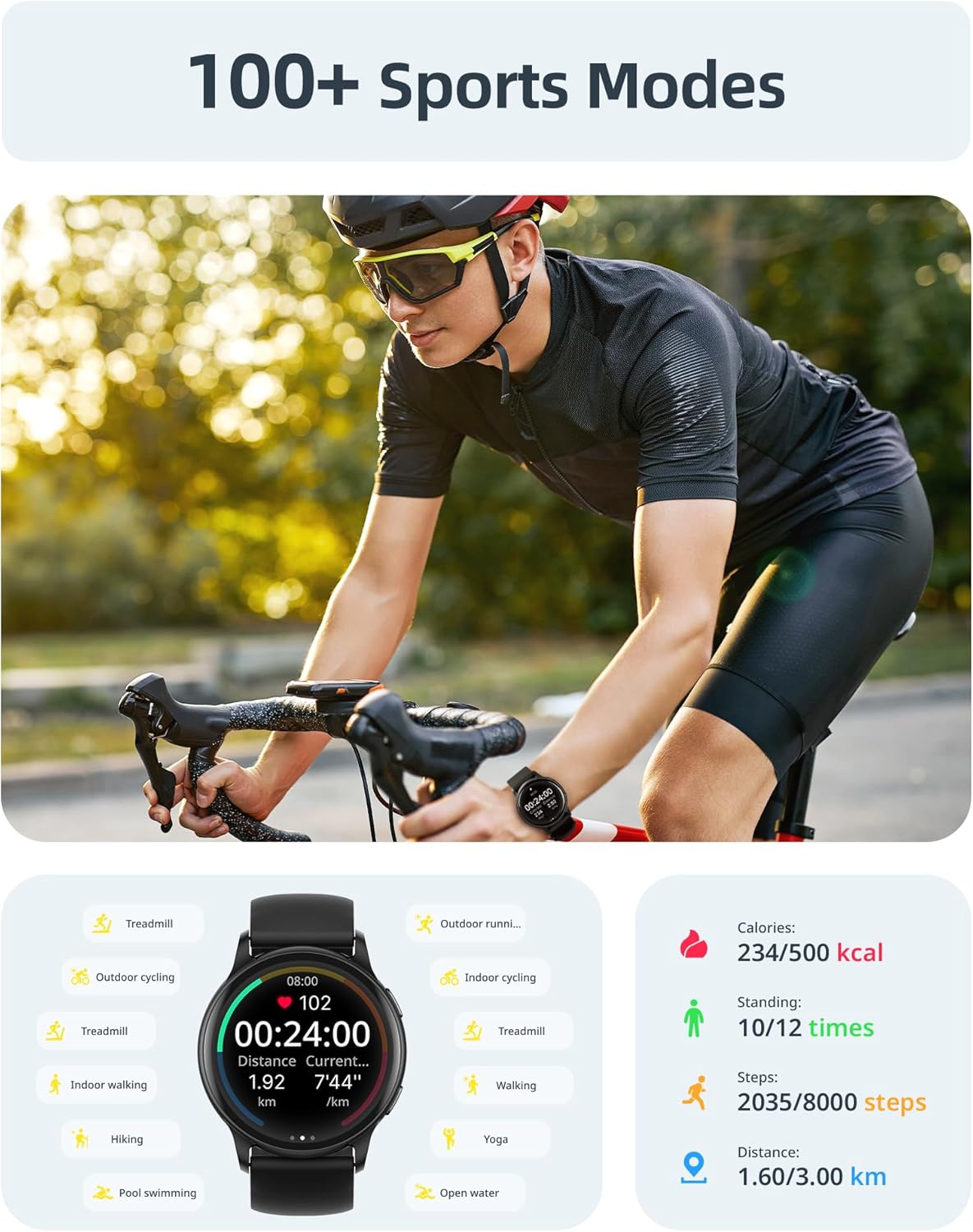 Parsonver Smart Watch, 5ATM Waterproof Swimming Watch, Smartwatch for Men Women with Bluetooth Calls, Fitness Tracker Heart Rate Sleep Monitor, Pedometer, 100+ Sports Modes for Android & iPhone, Black - Image 10
