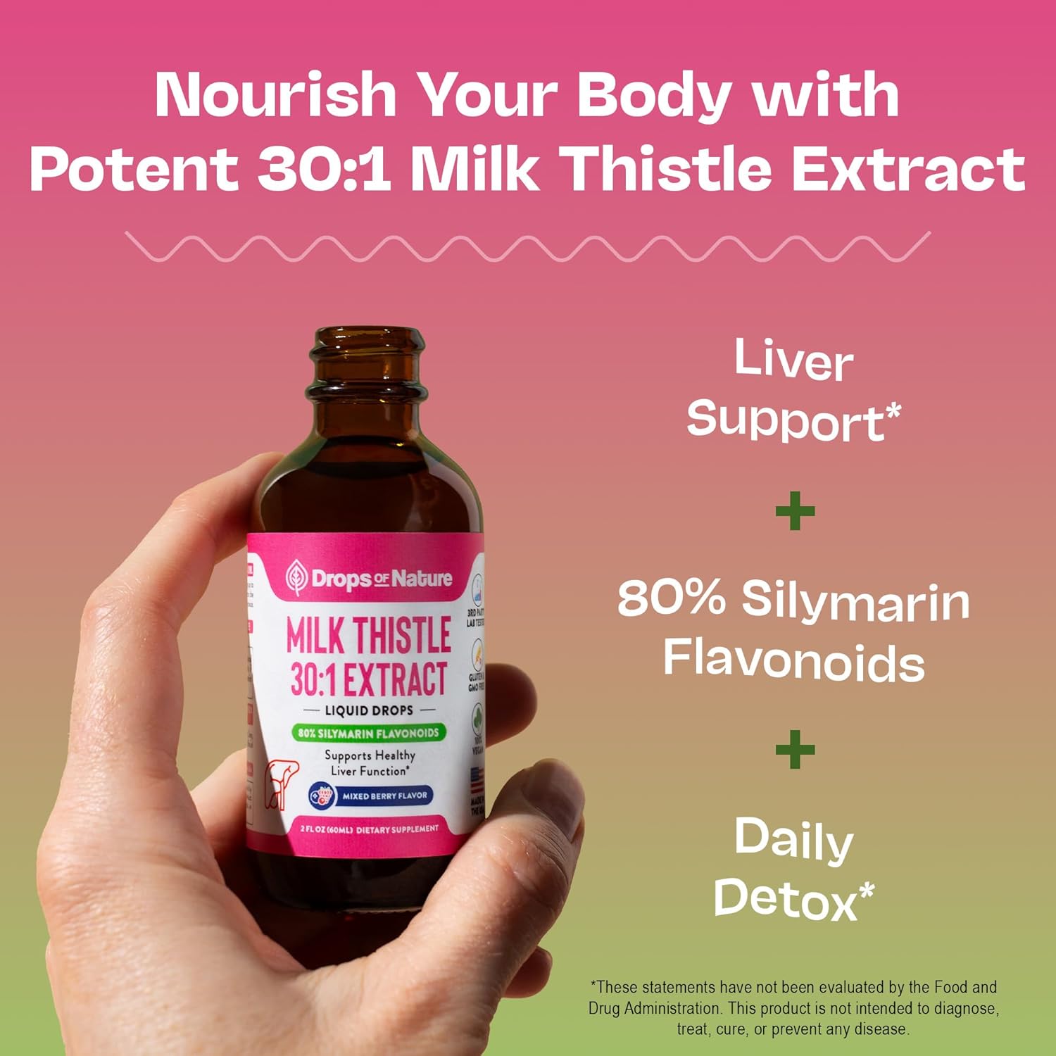 Milk Thistle Supplement Liquid Drops with 80% Silymarin Flavonoids – Vegan, Organic Milk Thistle Extract – Easily Mix with Tea Daily for Antioxidant Properties, Liver, Immune Care (Mixed Berry, 60 mL) - Image 3