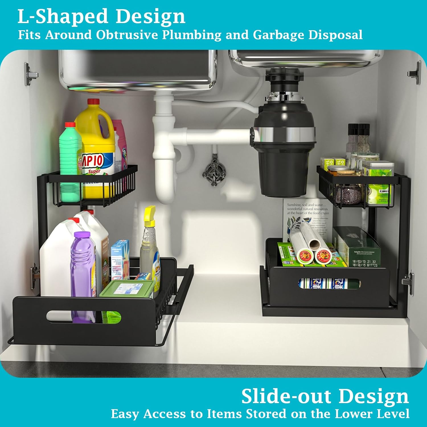 REALINN Under Sink Organizer, Pull Out Cabinet Storage 2 Tier Slide Out Sink Shelf, Kitchen Organizers and Storage, Black, 1 Pack - Image 4
