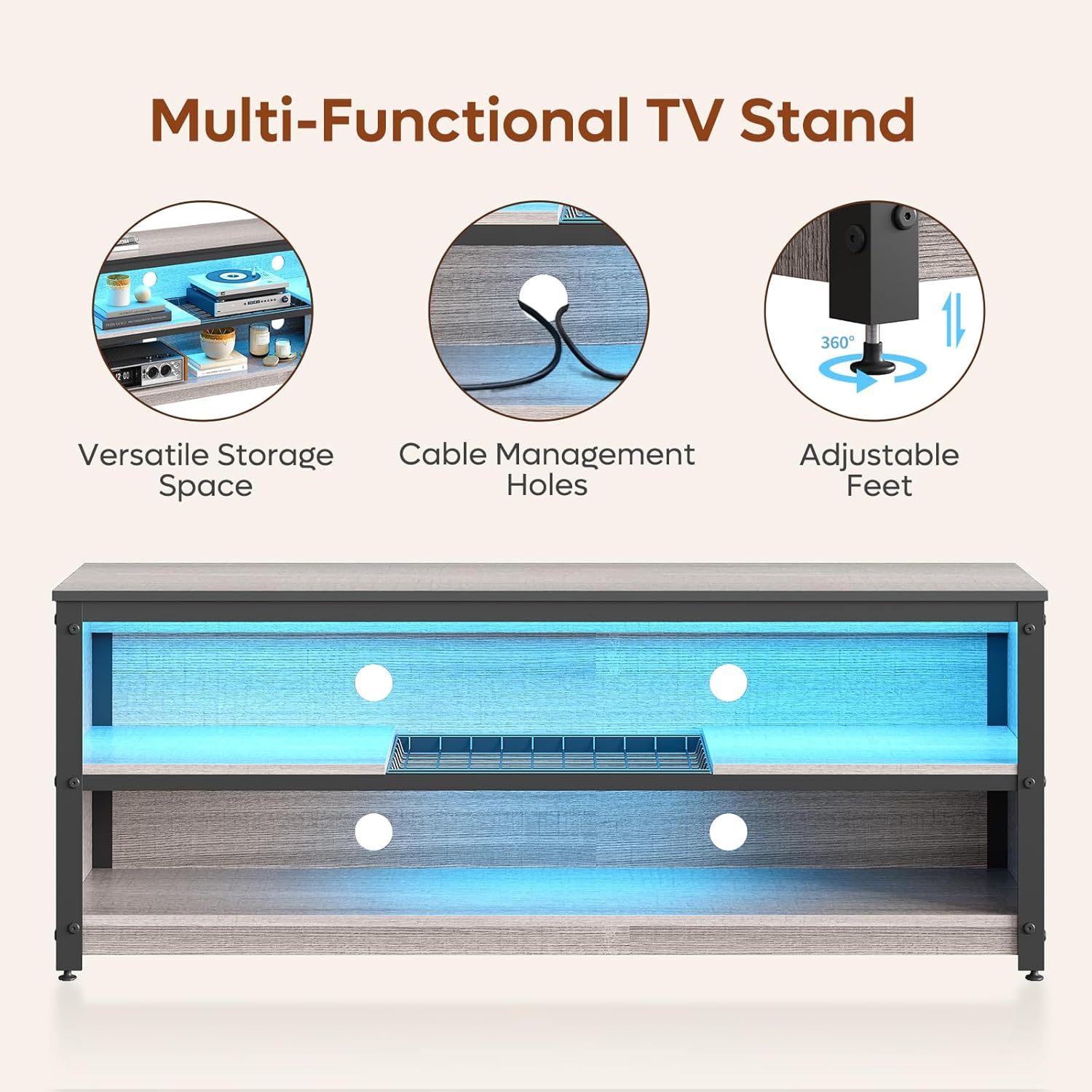 Bestier Gaming Entertainment Center for 50/55/60 Inch TVs, LED TV Stand Cabinet with Adjustable Shelves, Wood Industrial TV Media Console Table with Metal Frame for Living Room Bedroom, Gray - Image 7