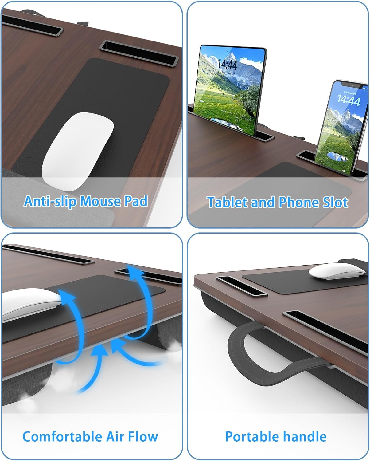 Laptop Lap Desk, Portable Large Laptop Desk for Bed, Up to 17 in Lap Table with Wrist Rest, Mouse Pad, Tablet Phone Slot, Portable Handle, Lap Tray with Cushion (Dark Brown) - Image 5