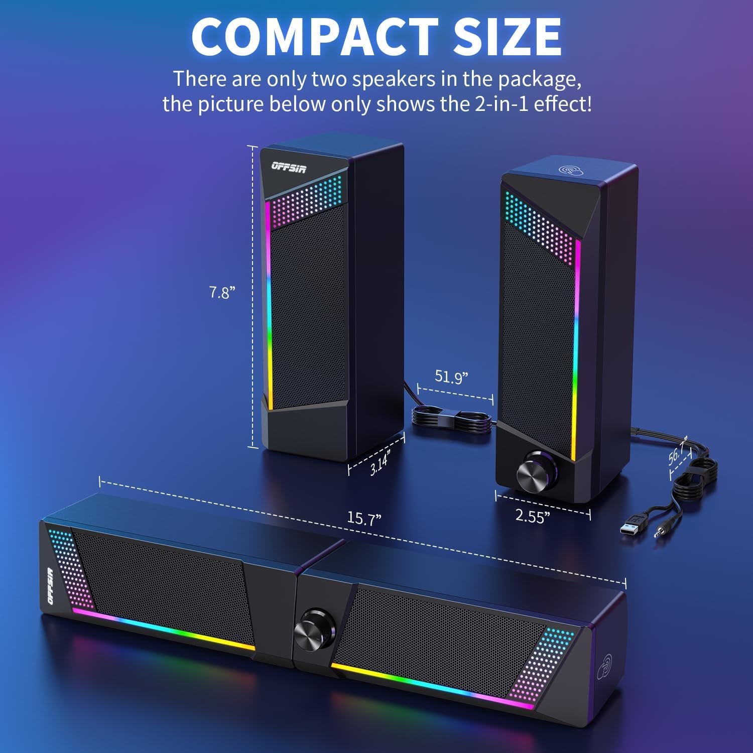 Computer Speakers, 2 in 1 PC Speaker , Gaming Speakers for PC Computer Laptop Desktop Monitor, RGB Speakers with Touch Sensitive Lighting, USB Powered 3.5mm Aux(Package Only Two Speaker, No Soundbar) - Image 7