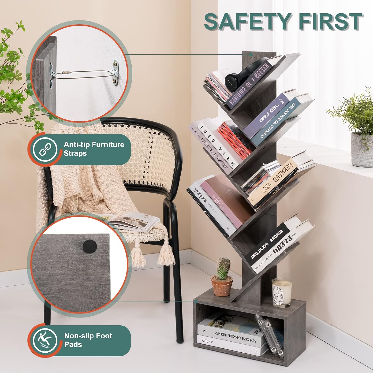 Yoobure Tree Bookshelf - 6 Shelf Retro Floor Standing Bookcase, Round Side Table, LED Night Stand with Charger Station - Image 6