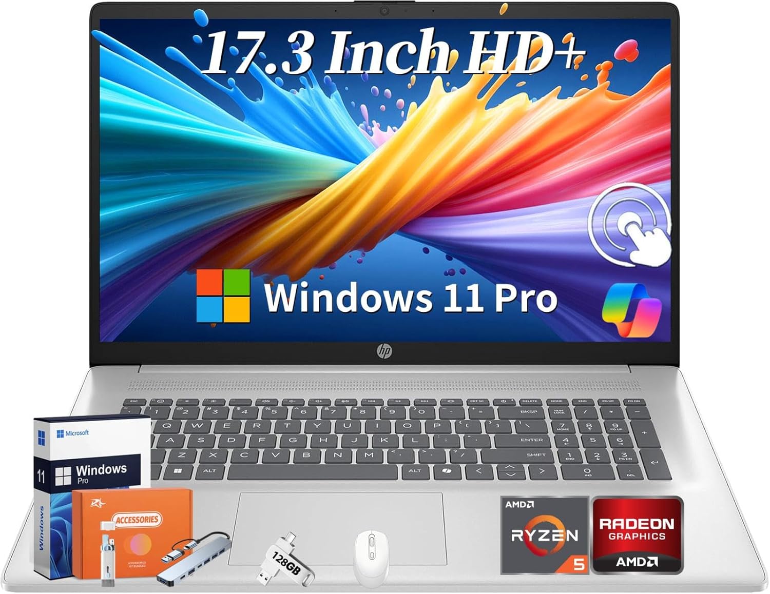HP 17 Inch Laptop 2025, 17.3" HD+ Touchscreen Display, 64 GB RAM, 2 TB SSD, AMD Ryzen 5 7430U, AMD Radeon Graphics, Copilot-AI, Wi-Fi 6, Windows 11 Pro, w/Accessories - Image 2