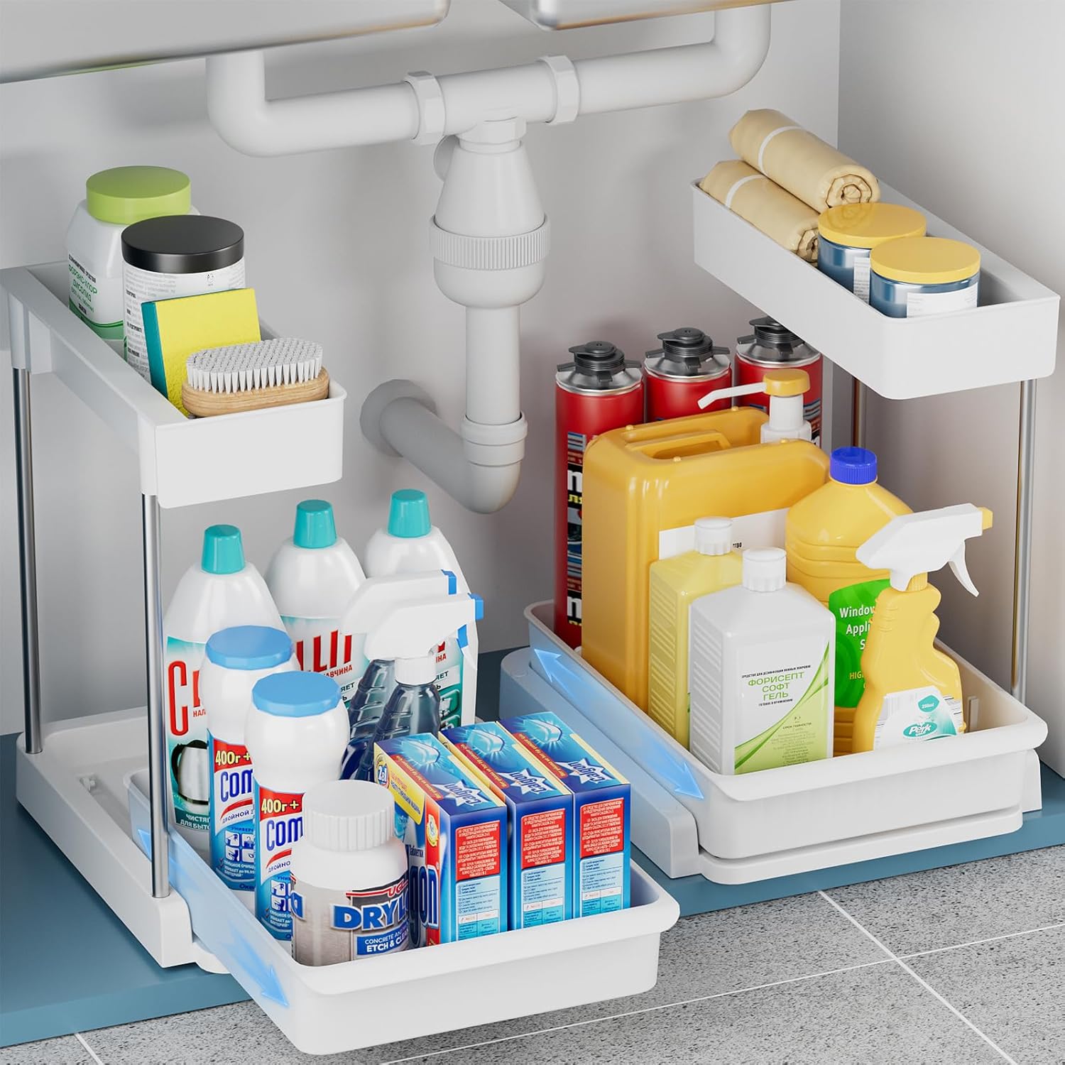 Under Sink Organizer and Storage, 2 Pack Bathroom Storage Cabinet L-Shaped with Basket, Multi-Purpose Sliding Cabinet Organizer for Kitchen Pantry Organization and Storage, White, 2 Pack - Image 2