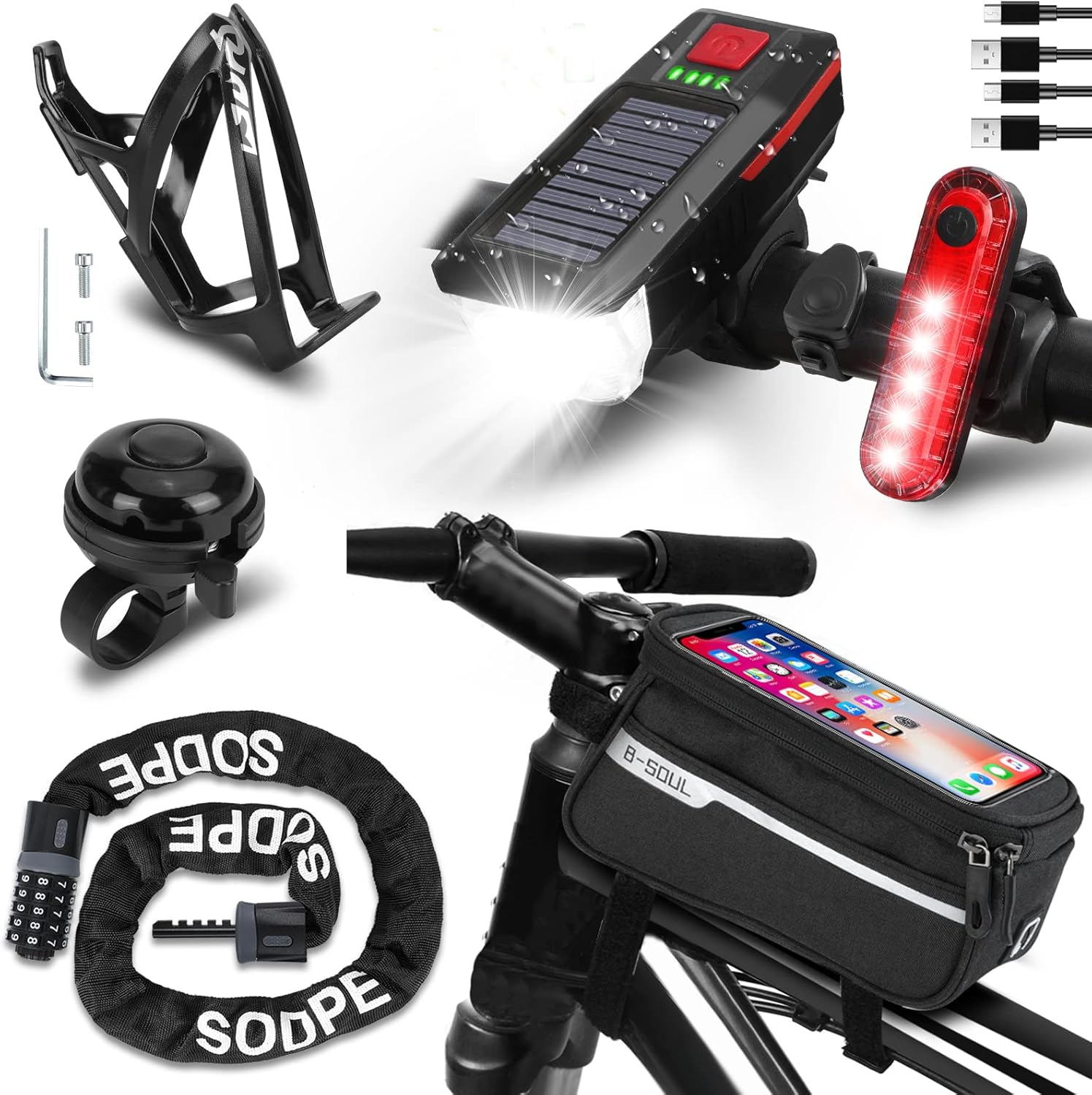 Bicycle Accessories - USB Rechargeable Light Set, Lock, Water Cup Seat, Bag, Bell - Image 2