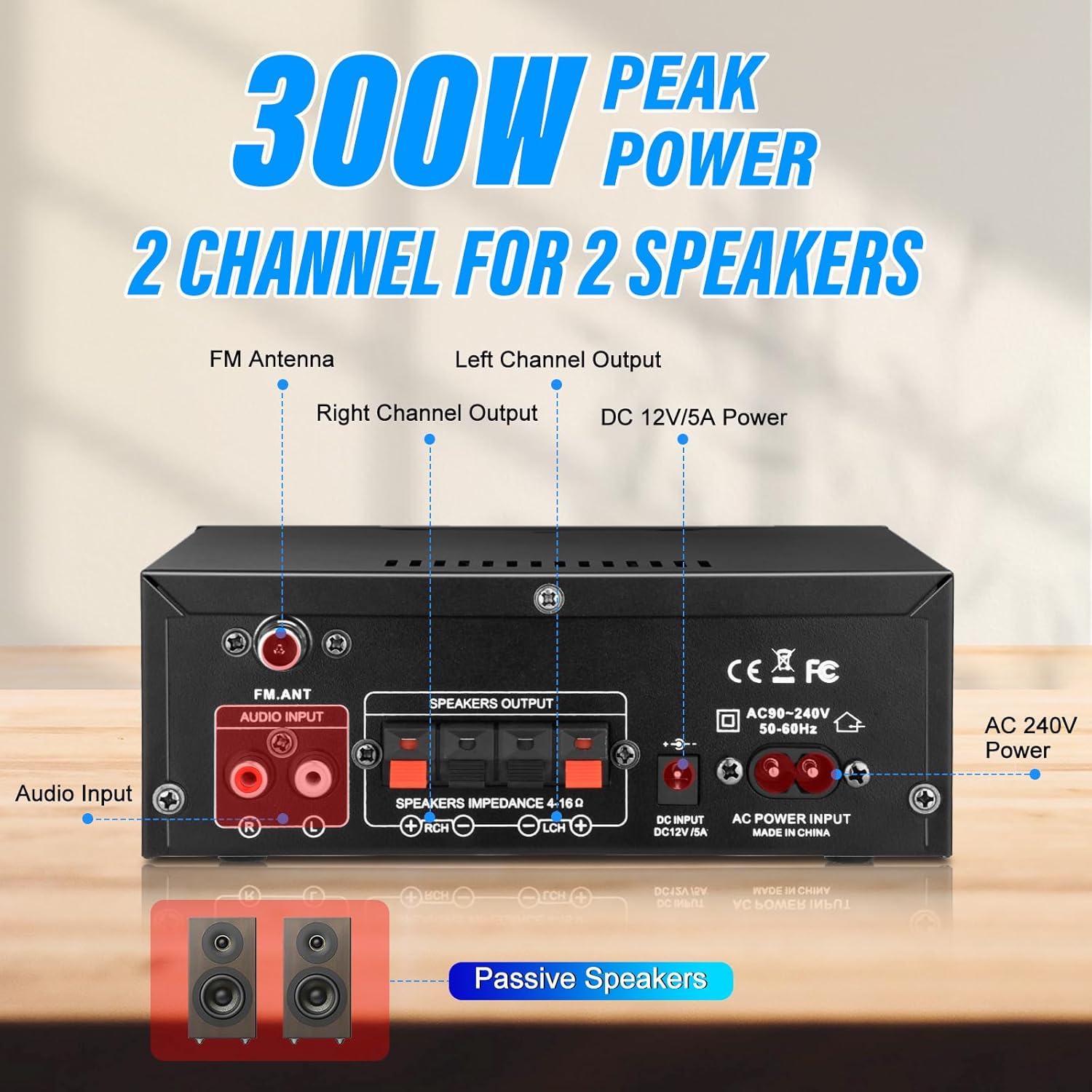 AK45 Stereo Audio Amplifier,300W Home 2 Channel Wireless Bluetooth 5.0 Power Amplifier System, Home Amplifiers FM Radio, USB, SD Card, with Remote Control Home Theater Audio Stereo System - Image 4