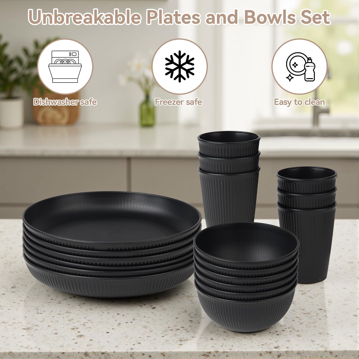 42-Piece Wheat Straw Dinnerware Set,Unbreakable Plates and Bowls Set,Dinner Plate/Dessert Plate/Cereal Bowl/Cup for Kitchen,Apartment Essentials, Outdoor Camping,Black - Image 7