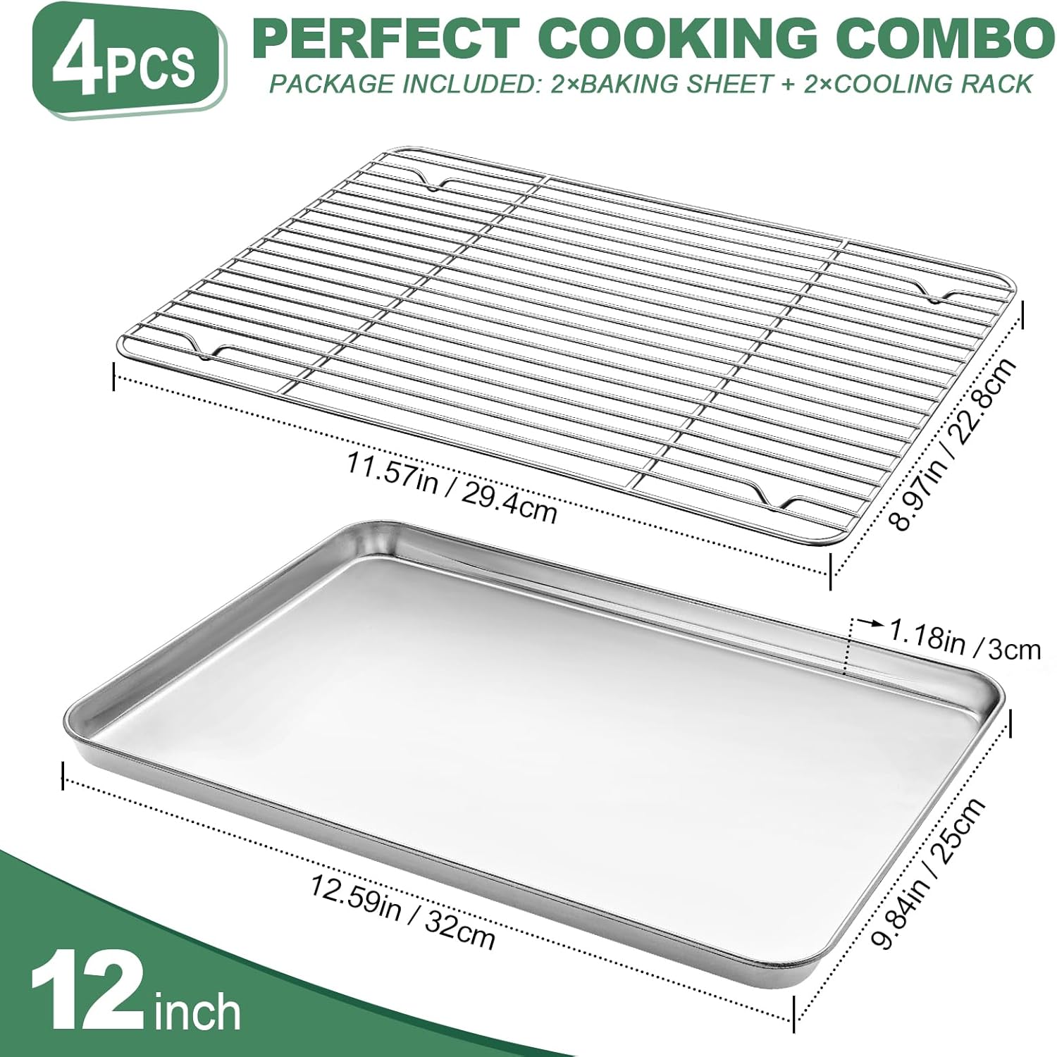 Stainless Steel Baking Sheets with Rack, HKJ Chef Cookie Sheets and Nonstick Cooling Rack & Baking Pans for Oven & Toaster Oven Tray Pans, Rectangle Size 12.5L x 10W x 1H inch & Non Toxic & Healthy - Image 3