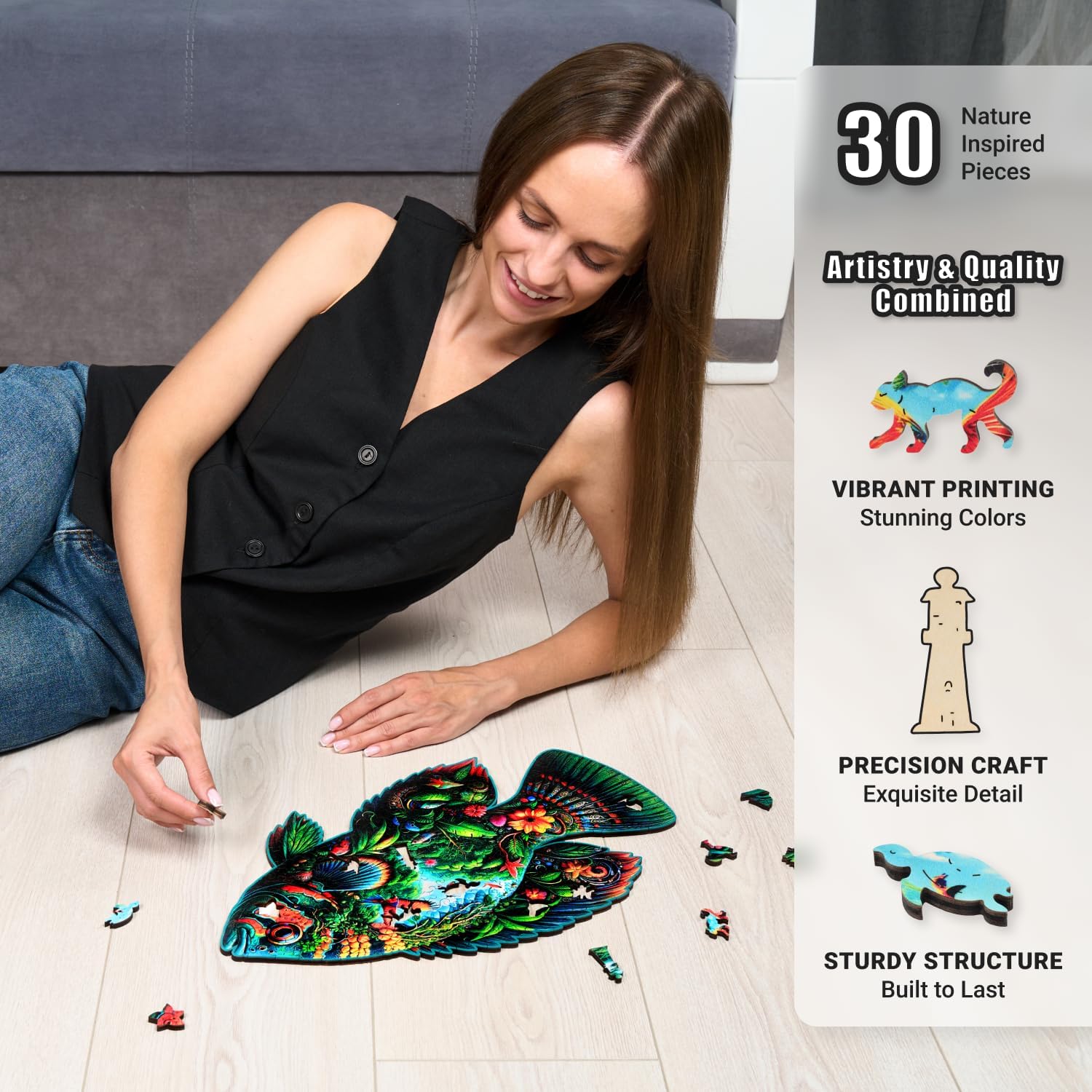 Fish Fantasia - 200 Piece Wooden Puzzles for Adults - 16 x 9.6 in - Extra-Thick 5 mm Wood Puzzle, Hand-Shaped Pieces, Marine Life Mosaic Design - Premium Gift for Puzzle Lovers by LEOGOR - Image 6
