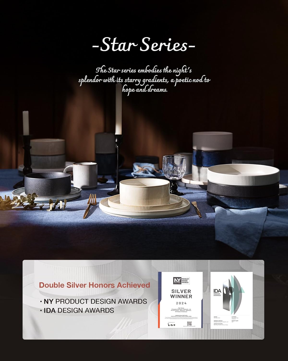 Famiware Star Dinnerware Sets, Plates and Bowls Set for 4, 12 Pieces Ribbed Dishes - Chip and Scratch Resistant, Microwave and Dishwasher Safe Tableware, Nebulas Blue - Image 9