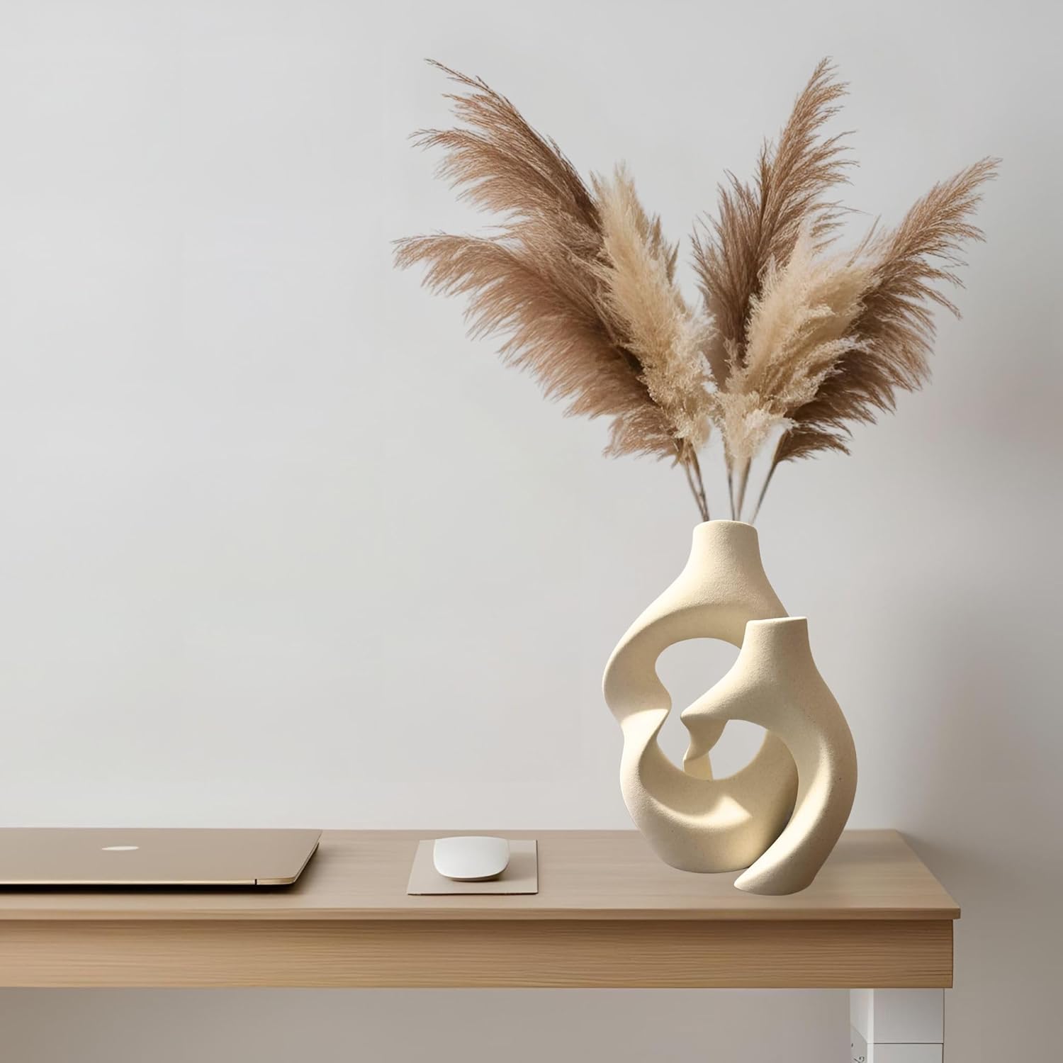 Ceramic Vase Set of 2 – Hollow Donut Flower Vase for Home Decor, Modern Nordic Boho Aesthetic Vases for Coffee Table Decor, Bookshelf Decor, Living Room, Entryway, Office Display (Cream White) - Image 8