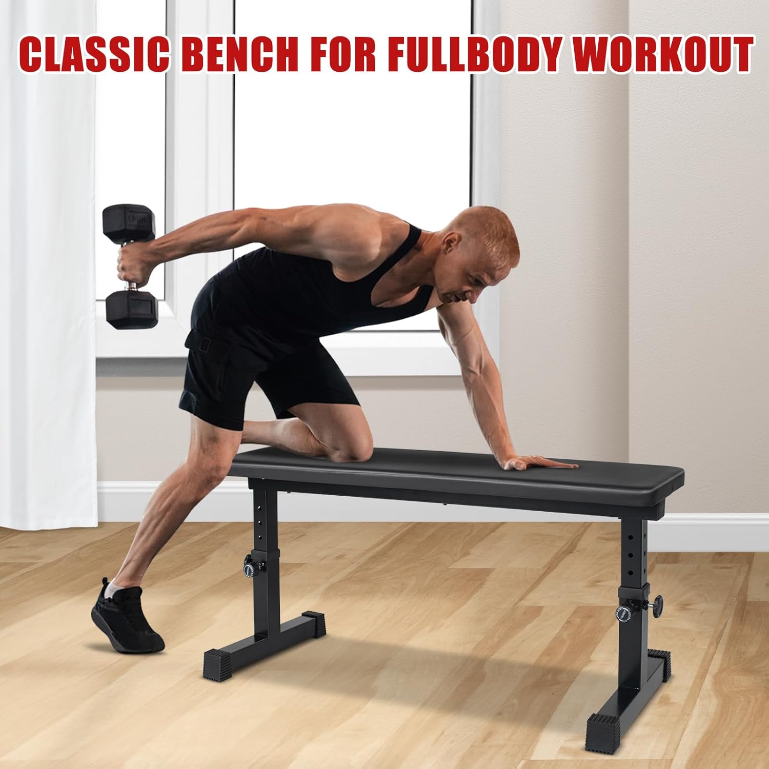 Flat Weight Bench, Utility Workout Adjustable Height Weight Bench Press with Thick Cushion & Anti-slip Foot Pads, Compact Strength Training for Exercise & Fitness, Home/Gym Easy Assembly - Image 8