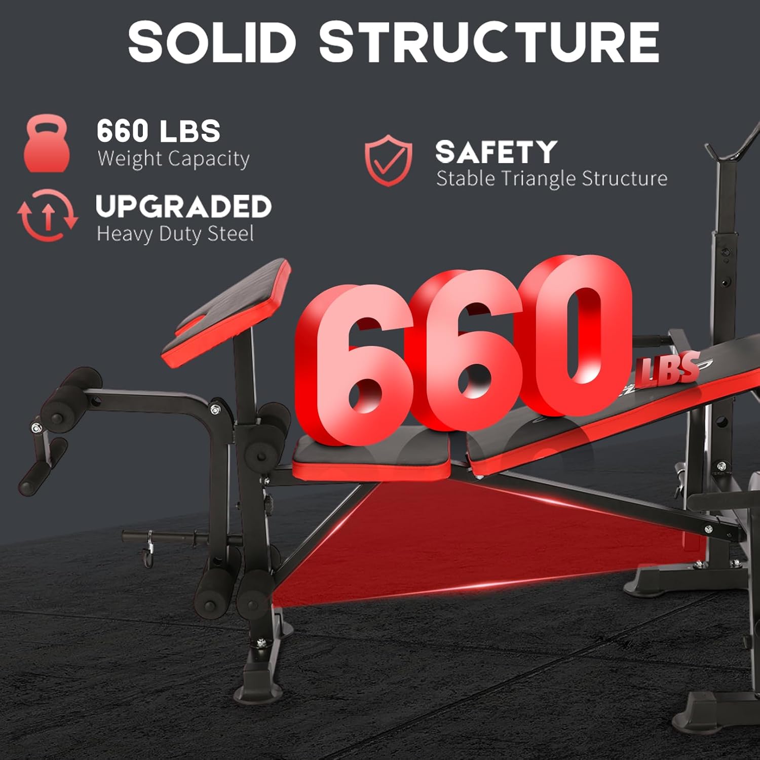OPPSDECOR 660lbs 6 in 1 Weight Bench Set with Squat Rack, Workout Bench with Leg Extension Preacher Curl Rack Multi-Function Bench Press Set for Home Gym, ZWX1113 New Version Weight Bench - Image 4