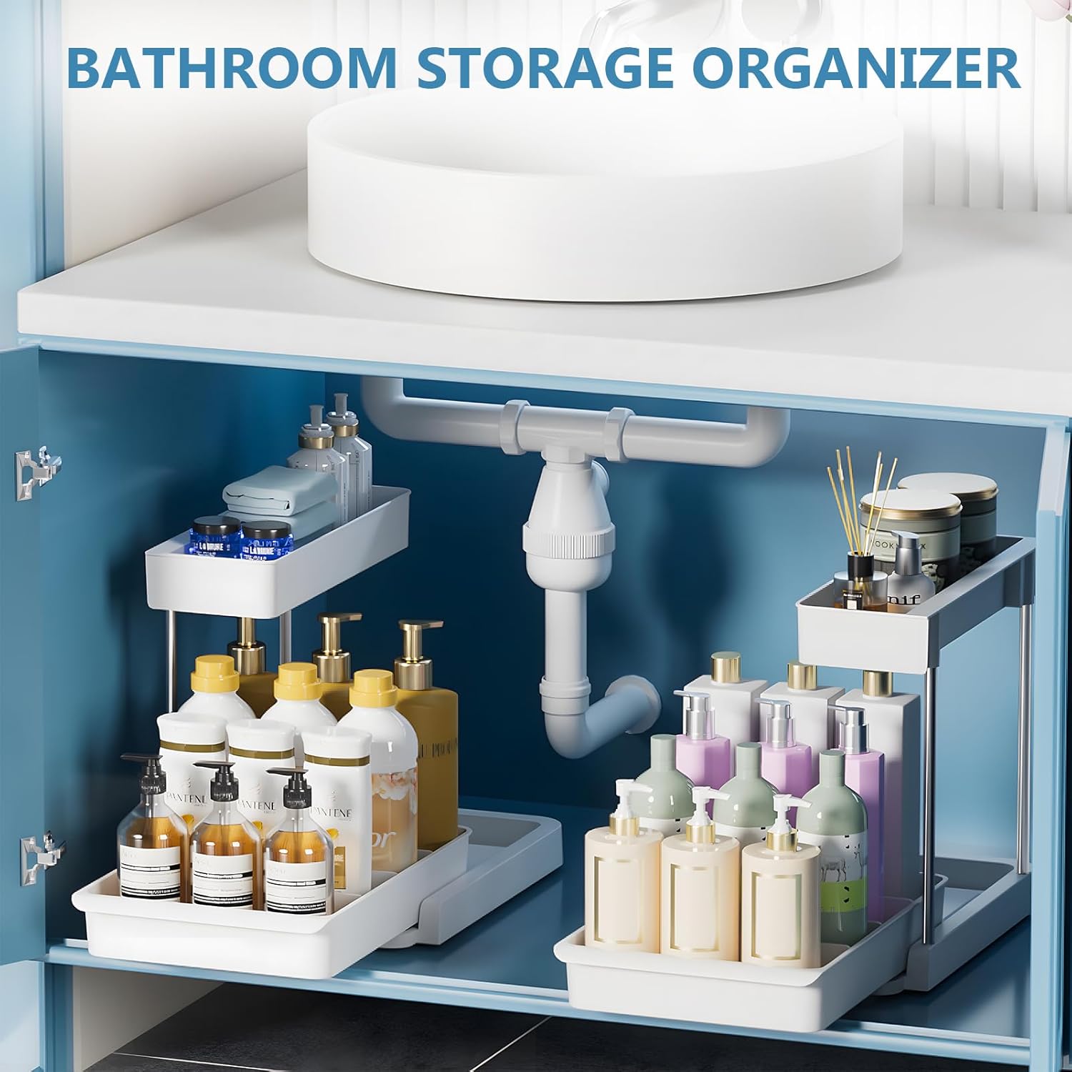 Under Sink Organizer and Storage, 2 Pack Bathroom Storage Cabinet L-Shaped with Basket, Multi-Purpose Sliding Cabinet Organizer for Kitchen Pantry Organization and Storage, White, 2 Pack - Image 6