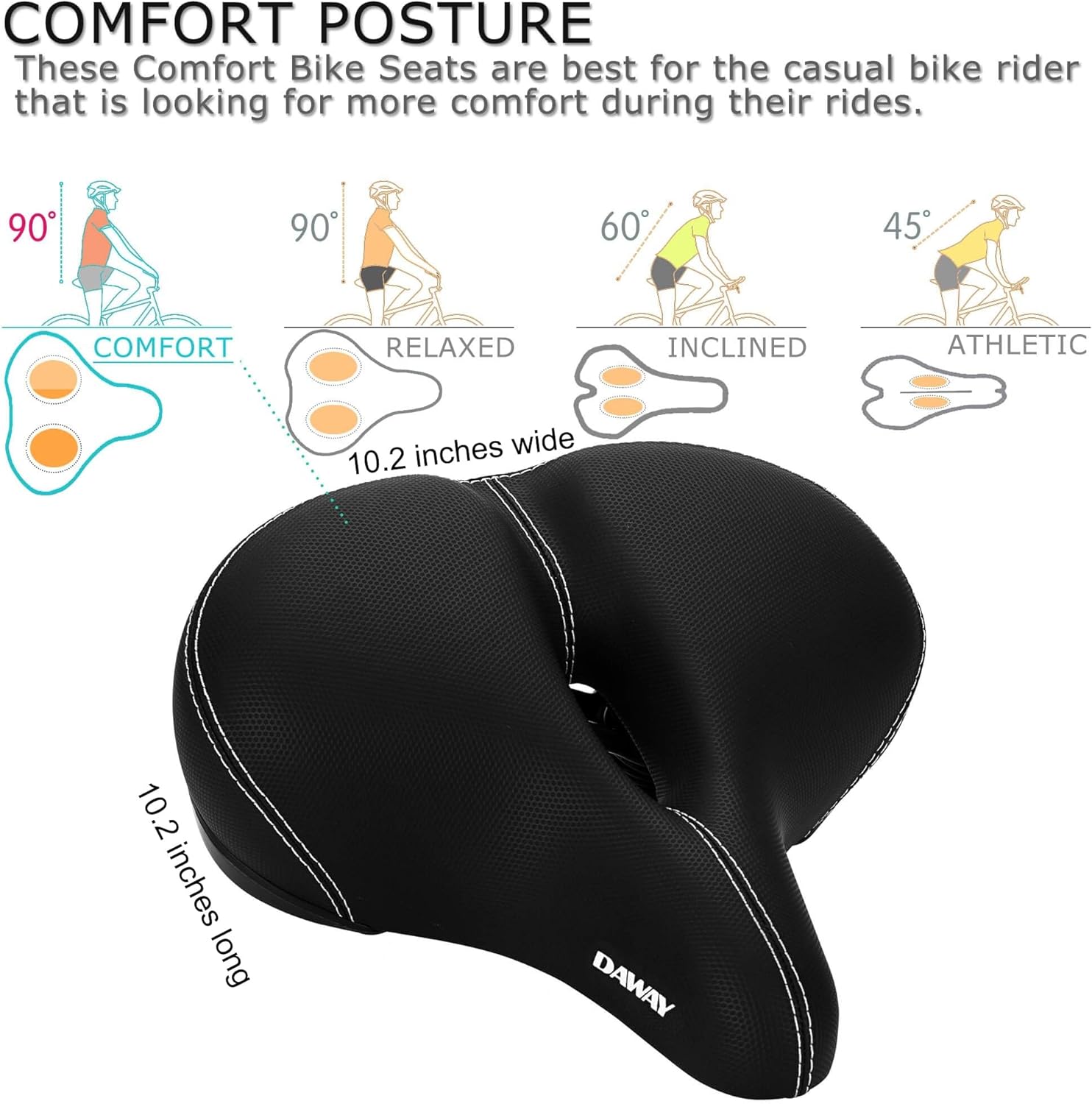 DAWAY C30 Comfortable Oversized Bike Seat - Compatible with Peloton, Exercise, Mountain or Road Bikes, Extra Wide Bicycle Saddle Replacement with Memory Foam Cushion for Men Women Comfort - Image 3