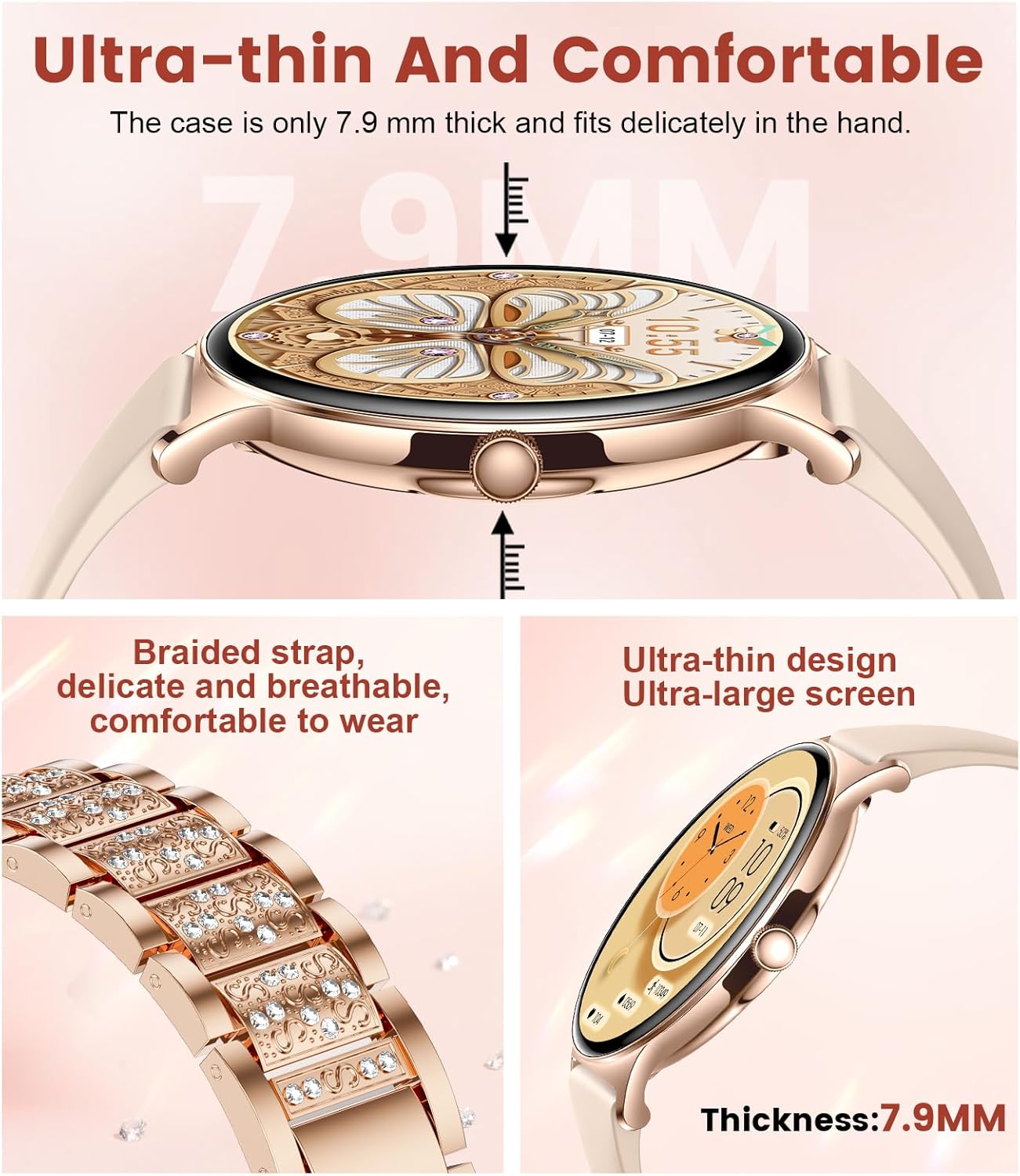 LIGE Smart Watch for Women(2 Bands), 1.43" HD AMOLED Slim Smartwatch for Android iOS,Fitness Tracker with 120+ Sport Modes/IP68 Waterproof/Sleep Monitor,Rose Gold - Image 3