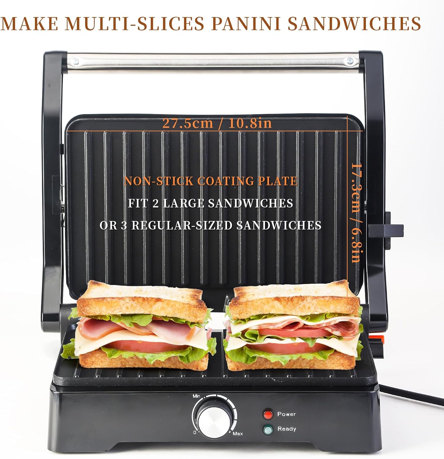 Panini Press Grill Sandwich Maker, Large Electric 3 in 1 Panini Sandwich Maker Grill, Open 180 Degrees for Grill Indoor, Perfect for Grilling Steaks, Burger, Sandwich,Non-stick Pan, Black - Image 3
