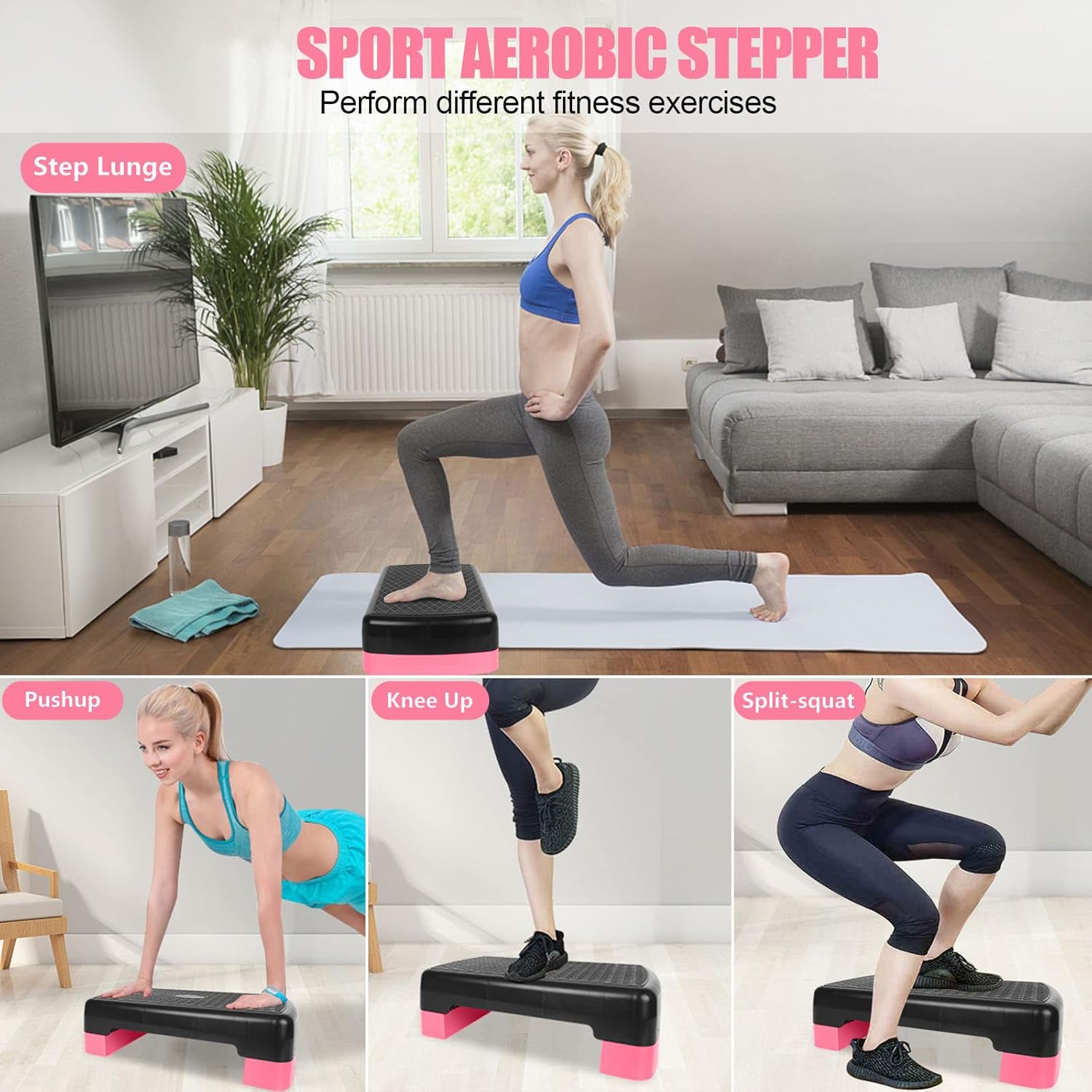 Height-Adjustable 4"-6" Step Aerobics Platform Fitness Equipment Stepper Trainer Exercise Step Platform with 2 Riser - Image 9