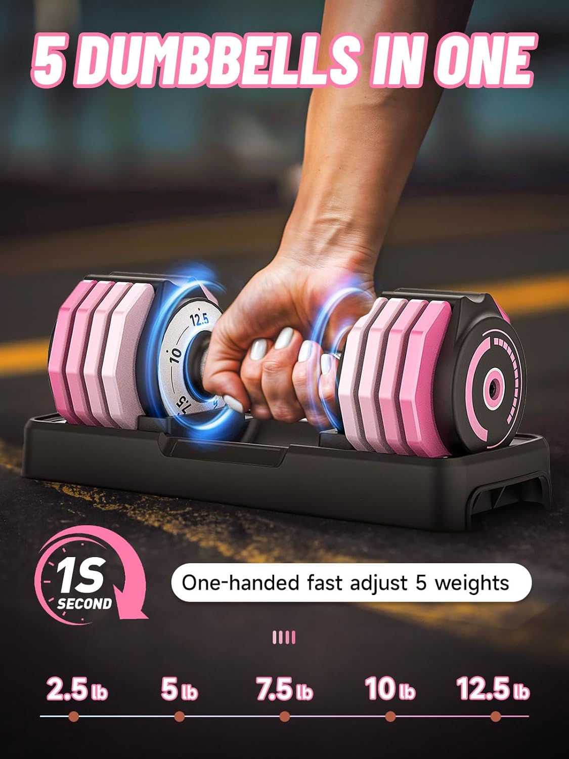 Adjustable Dumbbells Set 12.5LB/22.5LB Pair, 1-Sec Fast Adjustable 5 Weights by Turning Handle, Premium Comfort Non-slip Metal Dumbbells with Tray, Compact Size for Full Body Home Workout - Image 5
