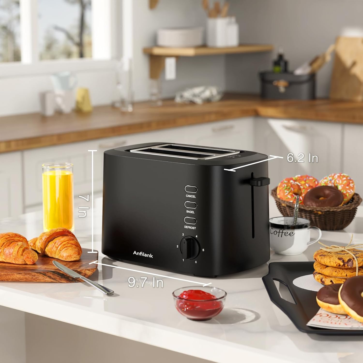 Compact Toaster 2 Slice with 1.5" Extra Wide Slots, Built-in Warming Rack & Removable Crumb Tray, 6 Browning Options, with Defrost/Bagel/Cancel Function - Matte Black - Image 3