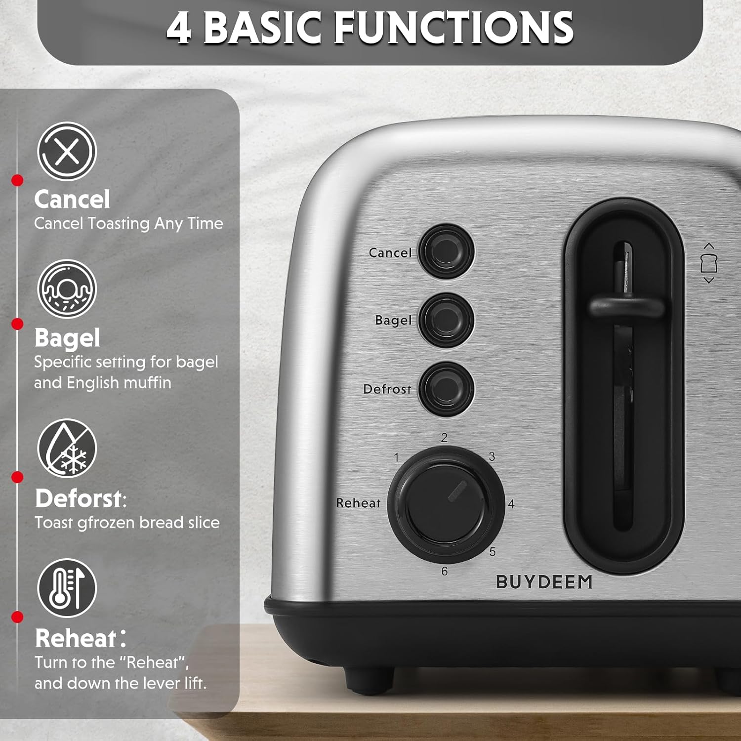 BUYDEEM DT420 2 Slice Toaster, Stainless Steel Toaster with Extra Wide Slots for Bagels, Muffins, High Lift Lever, 6 Shade Settings, Retro Sliver - Image 3