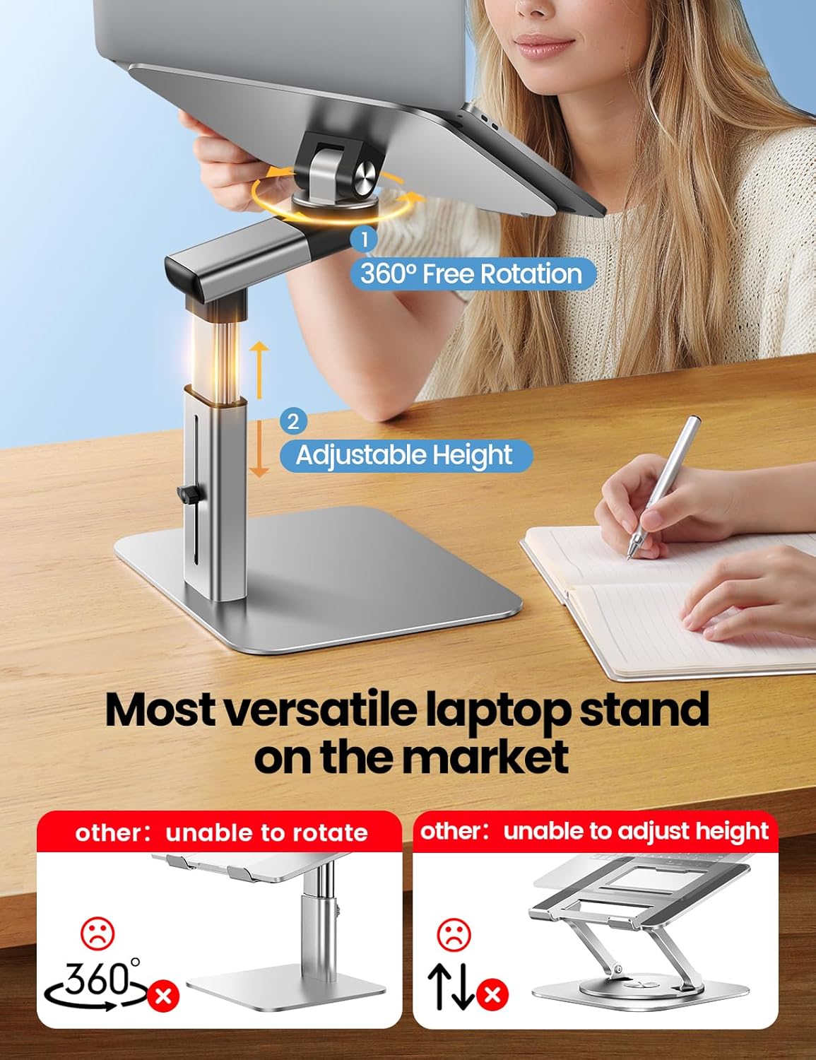 Vaydeer Portable Standing Desk Converter, All-in-One Aluminum Laptop Stand Adjustable Height 360° Rotation, Ergonomic Riser, Universal Fit for MacBook Pro and All Laptops, Sit-to-Stand Design - Image 5