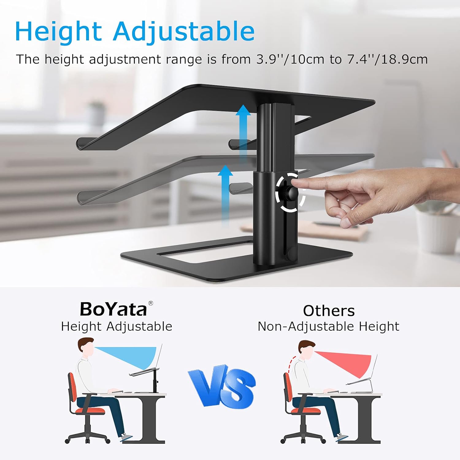 BoYata Laptop Stand, Ergonomic Aluminum Height Adjustable Computer Stand Laptop Holder for Desk, Compatible with MacBook Pro/Air, Dell, Lenovo, HP, Samsung, More Laptops 11-17" (Black) - Image 3