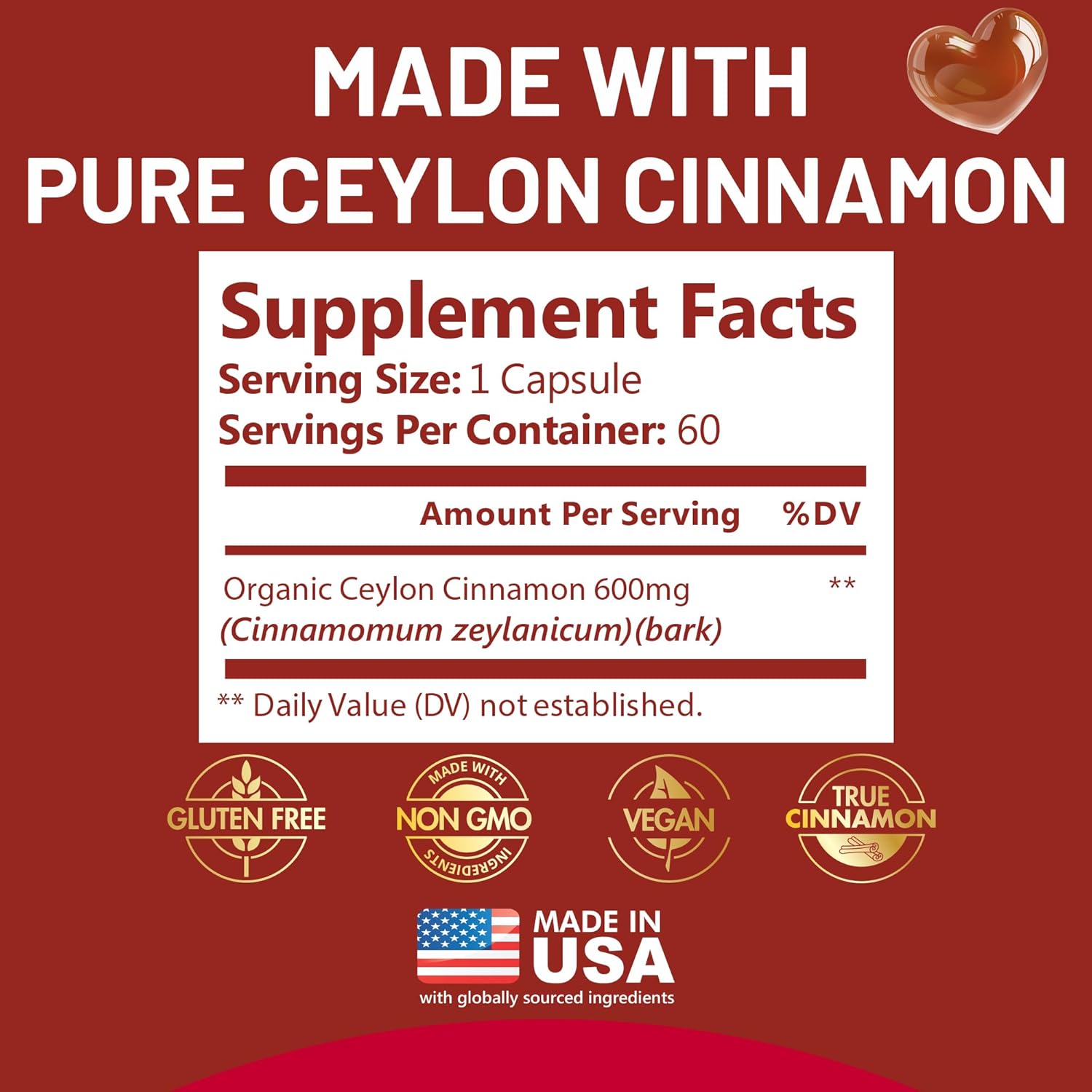 Ceylon Cinnamon Capsules | Pure 2 Month Supply | Ceylon Cinnamon Supplements for Energy, Antioxidant & Wellness Support | Non GMO, Gluten Free | Made in USA | 60 Capsules - Image 4