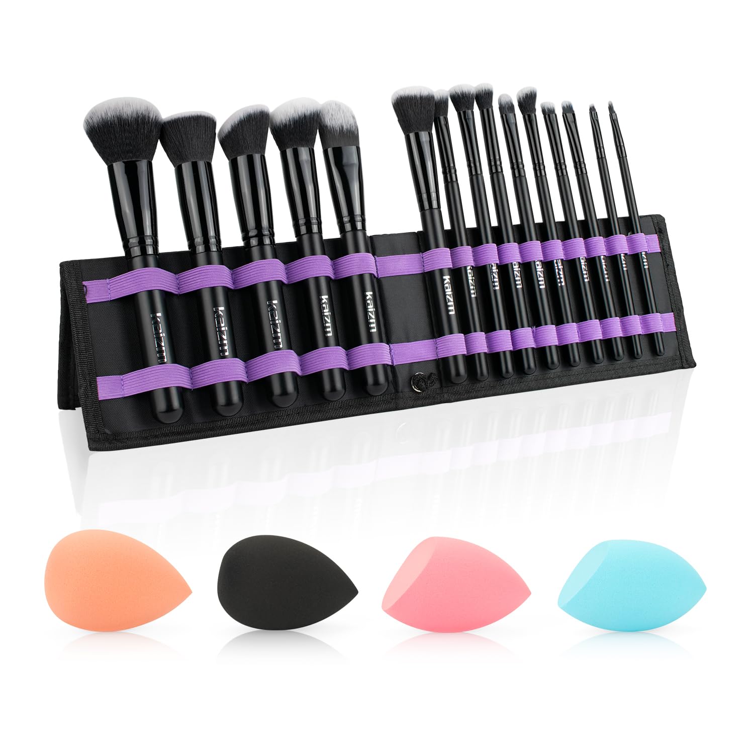 Daxstar Makeup Brushes with a Foldable Case, Makeup Kit 15PCS, Make up Brushes Set Black with 4 Makeup Sponges - Image 2