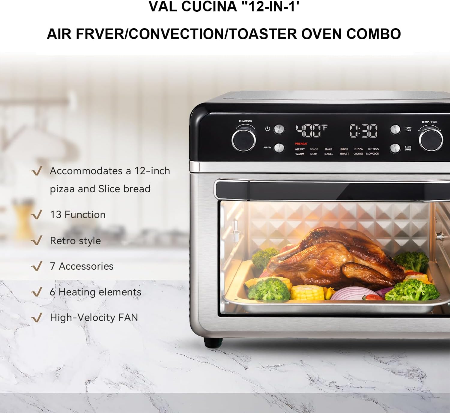27.5 QT Air Fryer Toaster Oven, 12-in-1 Combo Countertop Convection Oven, with six additional accessories for enhanced usability along with a recipe book, Chrome - Image 4