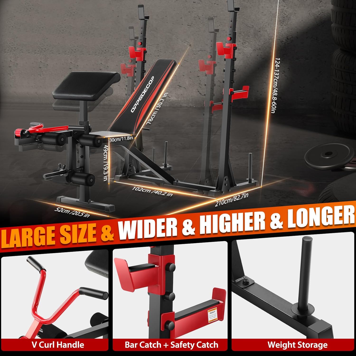 OPPSDECOR Professional Weight Bench Set with Barbell/Squat Rack, 900LBS Heavy Duty Bench Press Set with Leg Curl/Extension and Preacher Curl, Adjustable Full-Body Workout Bench for Home Gym Fitness - Image 7
