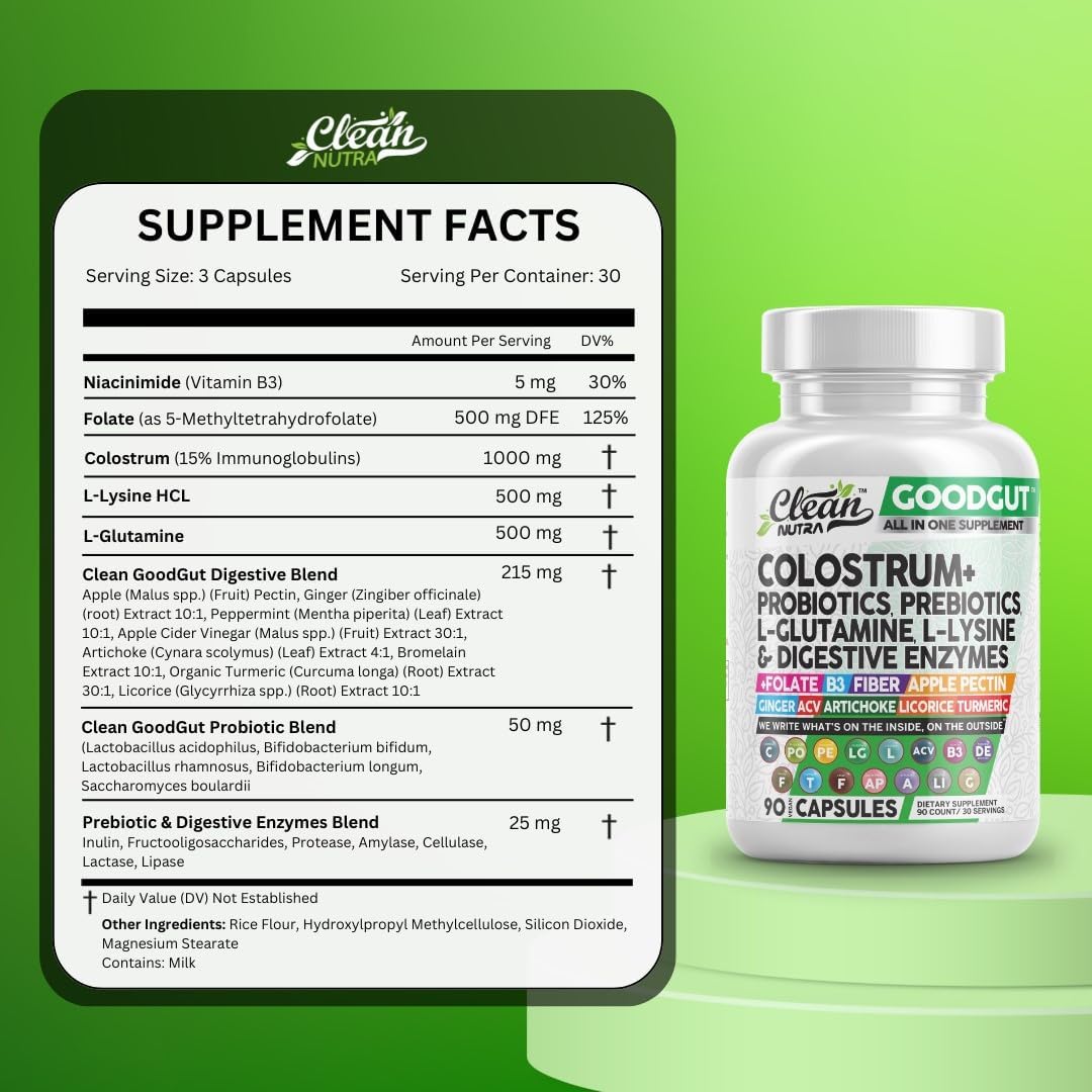 Clean Nutraceuticals Colostrum Supplement Capsules Probiotics Pills Prebiotics, L-Glutamine, Digestive Enzymes, Folate, Fiber, ACV, Turmeric, Apple Pectin and Turmeric Good Gut - Image 4