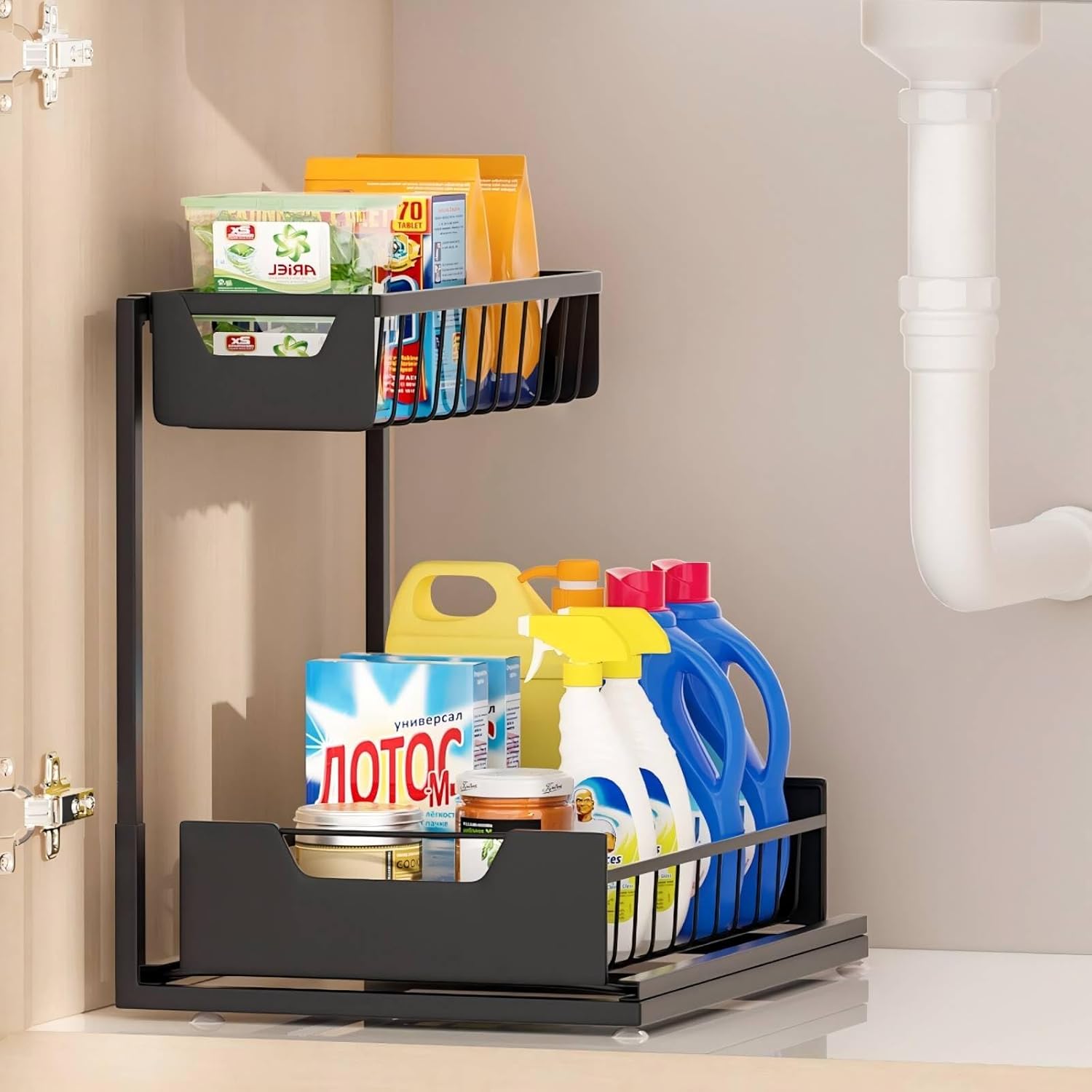 Under Kitchen Sink Organizers and Storage Pull Out 2 Tier Metal Bathroom Cabinet Organizer (Black, 1 Pack) - Image 2