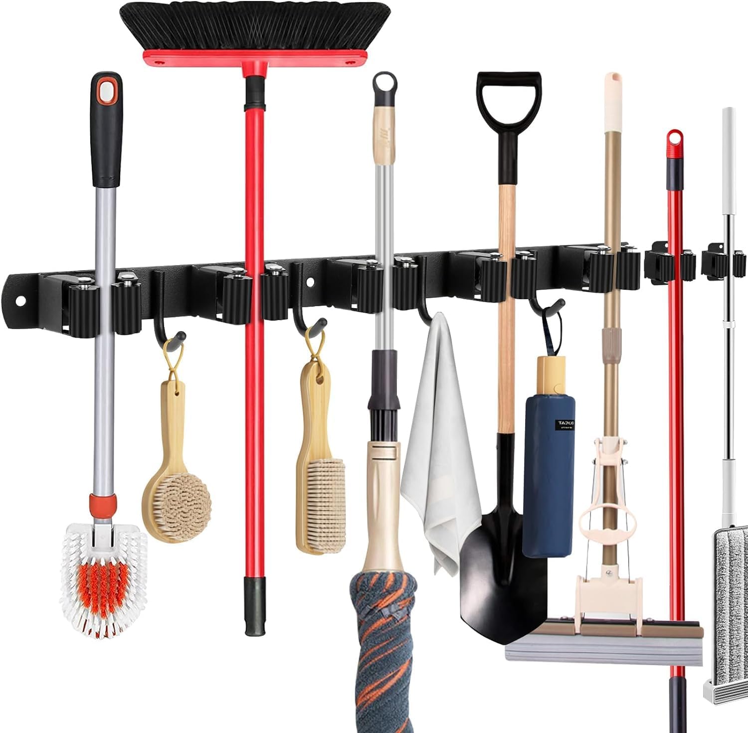 lazycozy® Broom Holder Wall Mount, Mop and Broom Organizer Wall Hanging, 5 Clamps and 4 Hooks + 2 Independent Clamps, Tool Storage Utility Rack for Home Kitchen Garden Laundry Garage - Image 2