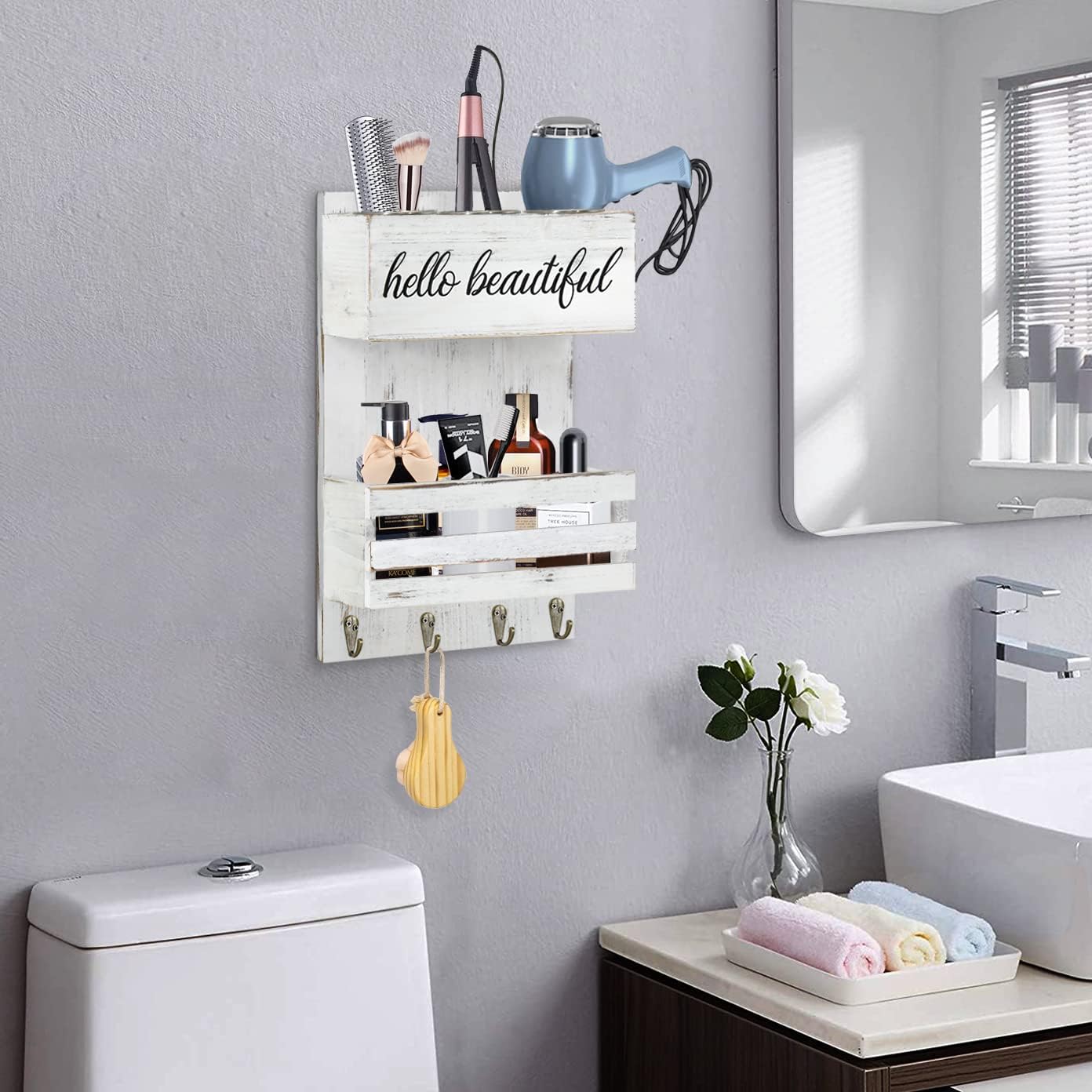 Rustic Hair Tool Organizer Wall Mount, 2 Layer Hair Dryer Holder Wall Mounted, Bathroom Hair Care and Styling Tool Organizer for Wall, Hair Accessories Organizer with Shelf for Makeup, Toiletries - Image 3