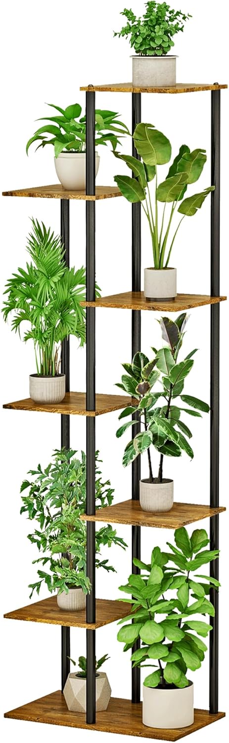 Plant Stand Indoor 7 Tier 8 Potted Metal Wood Plant Shelf, Multiple Flower Pots Corner Tall Plant Holder Stands for Living Room Balcony Bedroom, Rustic Brown - Image 2