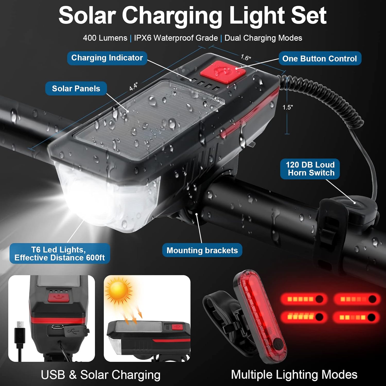 Bicycle Accessories - USB Rechargeable Light Set, Lock, Water Cup Seat, Bag, Bell - Image 3