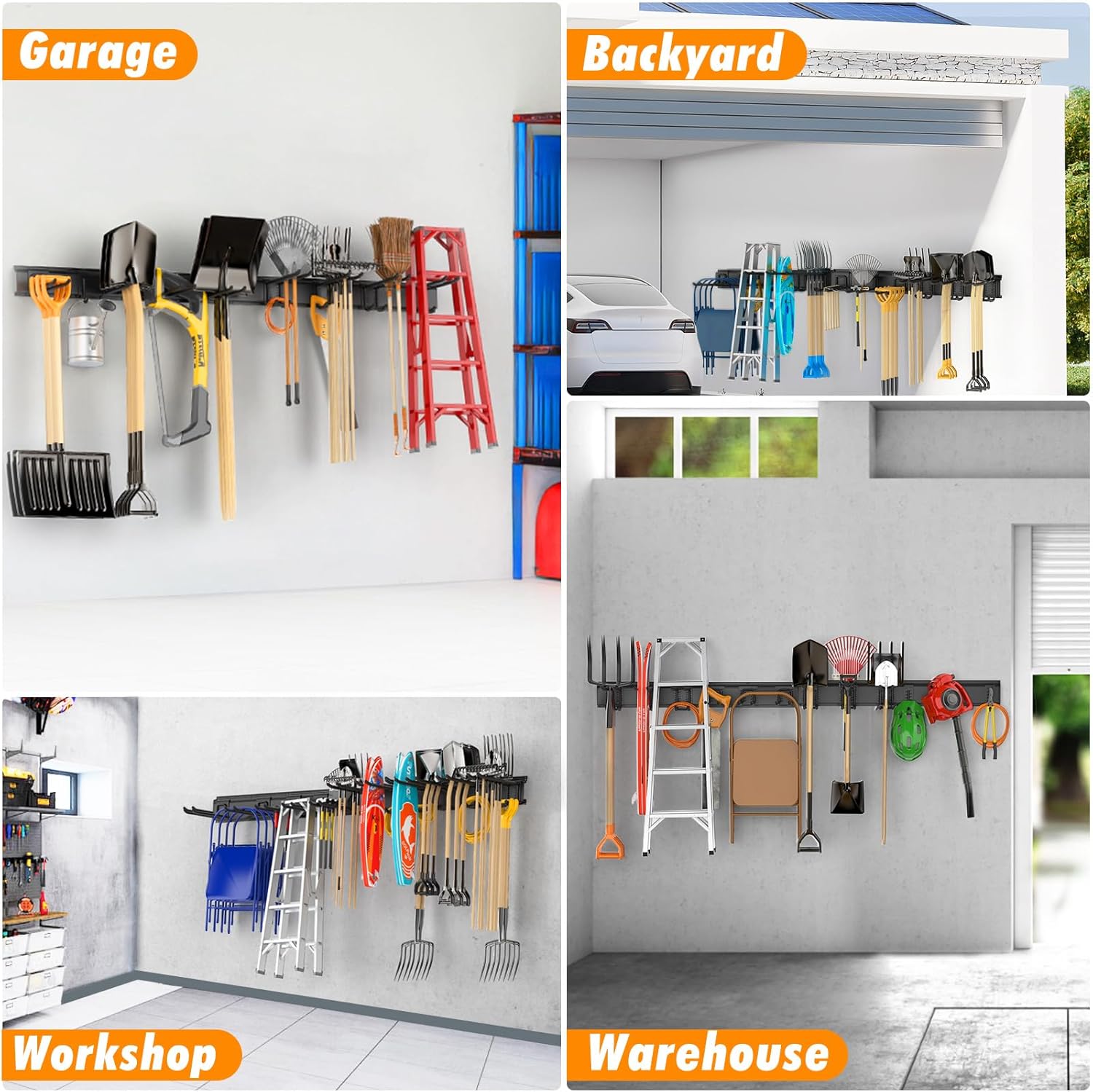 Heavy Duty Garden Tool Organizer 64 Inch - 18Pack Carries 570 lbs, Garage Tool Organizer Storage System, 4 Rails with 12 Adjustable Hooks, Tool Holder Wall Mount for Warehouse, Workshop - Image 8