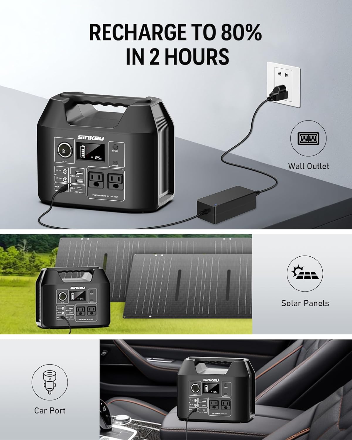 SinKeu Portable Power Station 80000mAh,256Wh LiFePO4 Battery Backup,300W (Peak 600W) AC Outlets, Power Bank for Hurricane Emergency Outdoor Camping RVs Home - Image 6